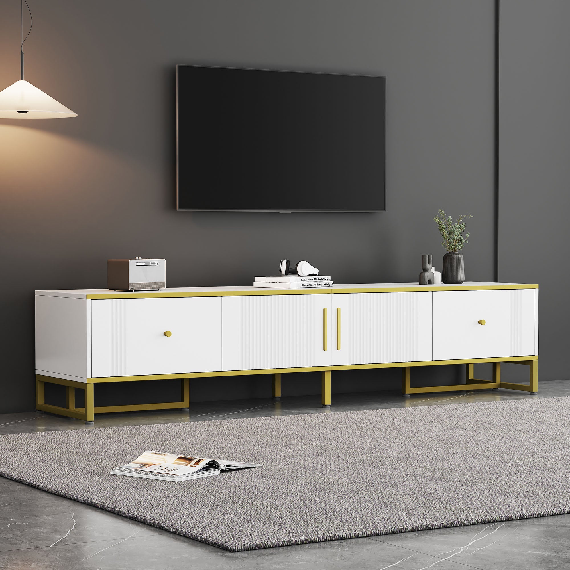 Elegancka biała szafka pod telewizor, 180x40x40 cm, złota rama, 2 drzwi, 2 szuflady, regulowane nóżki i system prowadzenia kabli