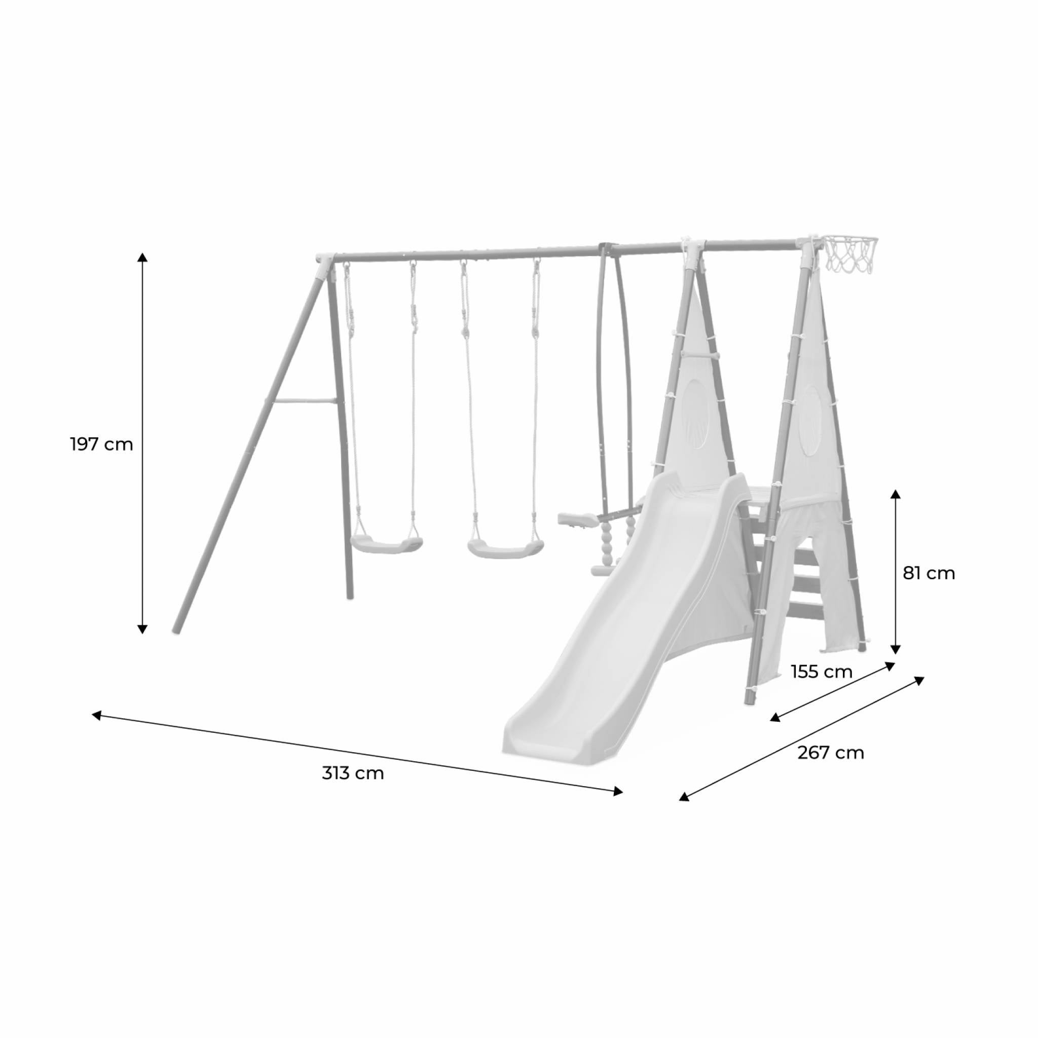Balançoire 5 agrès - Portique avec 2 balançoires. 1 face à face. 1 toboggan. 1 panier de basket. 1 mur d'escalade et 1 - 8
