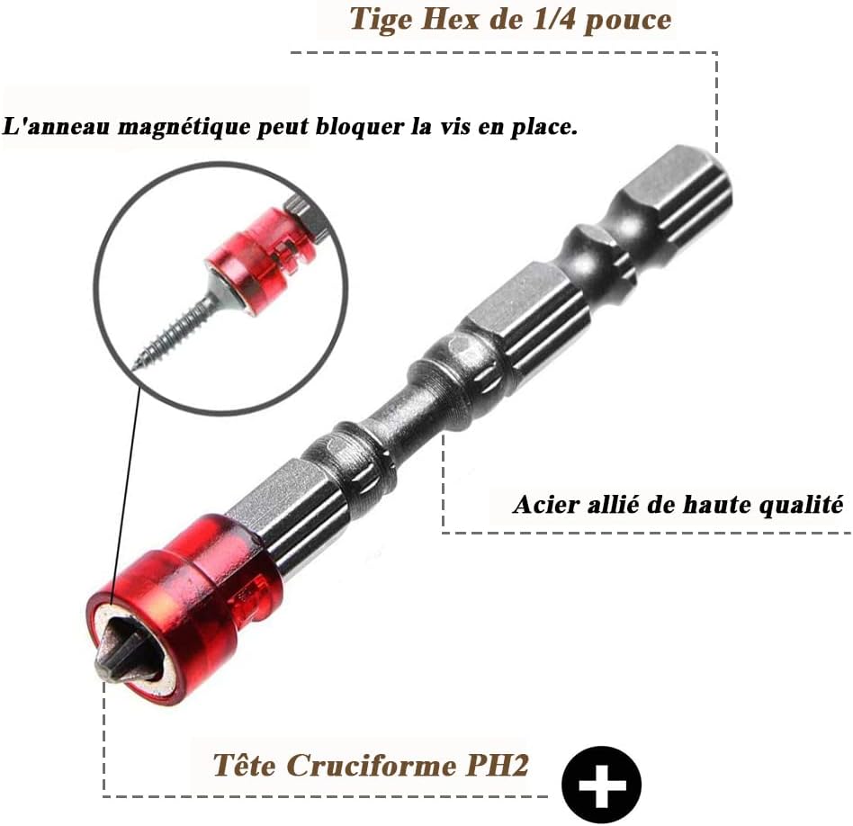Lot de 10 embouts de tournevis cruciformes magnétiques PH2 à tige hexagonale, acier S2, 65 mm, antidérapants, avec butée de profondeur pour vis à cloi - 3