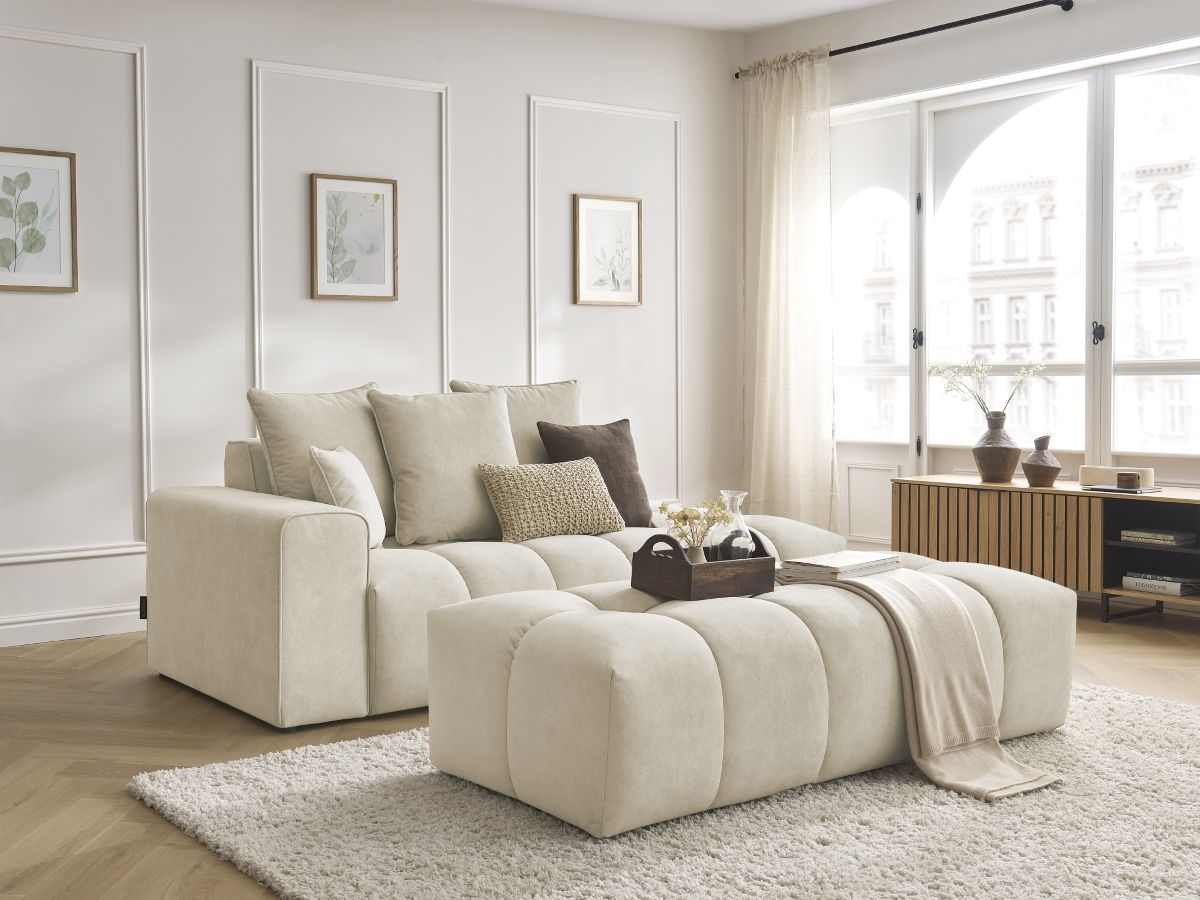 BOBOCHIC Canapé droit fixe ultra moelleux MONT-BLANC velours avec pouf ...