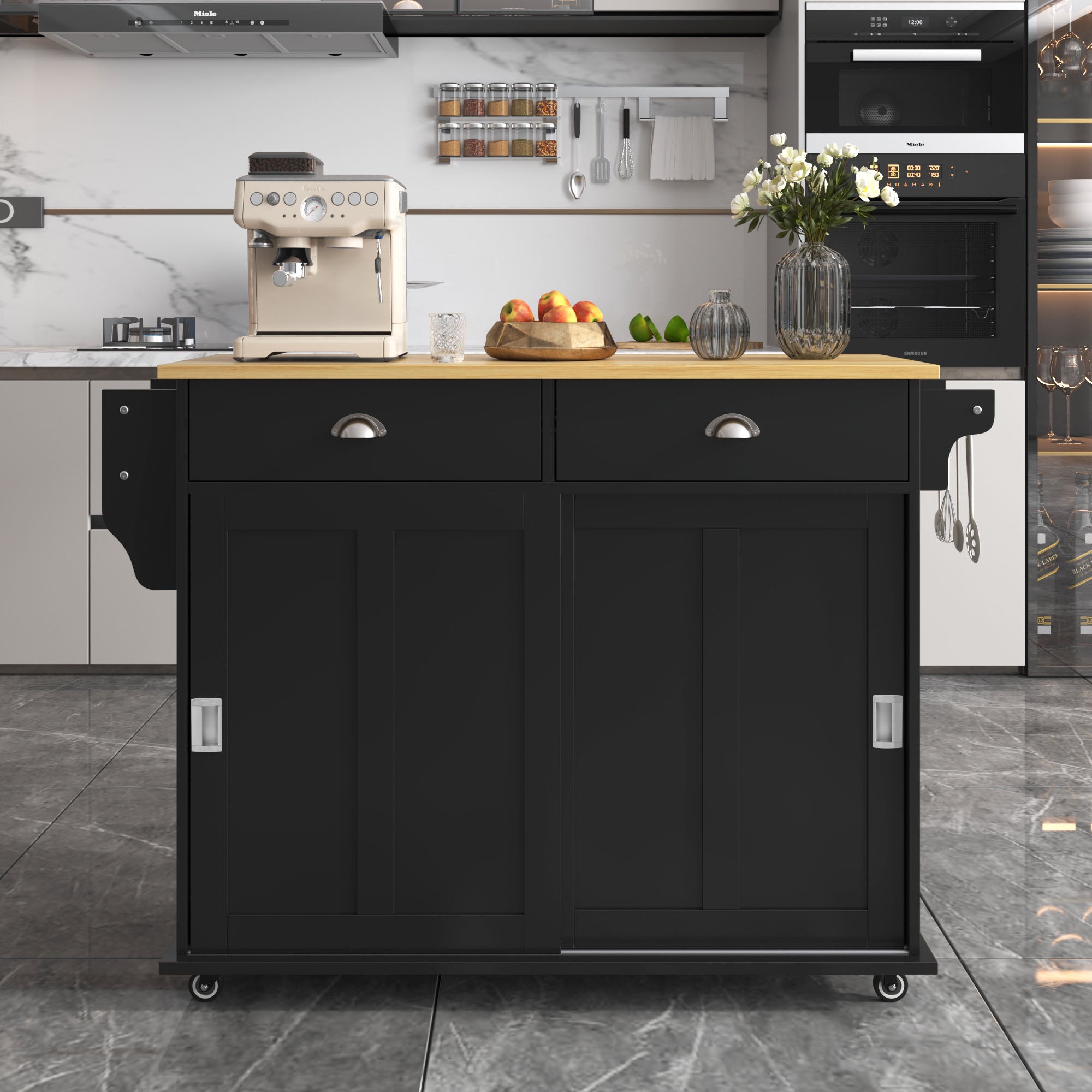 Wielofunkcyjny wózek kuchenny ze składaną drewnianą tacą, schowkiem i kółkami, do kuchni i jadalni, 112x40x94 cm, czarny