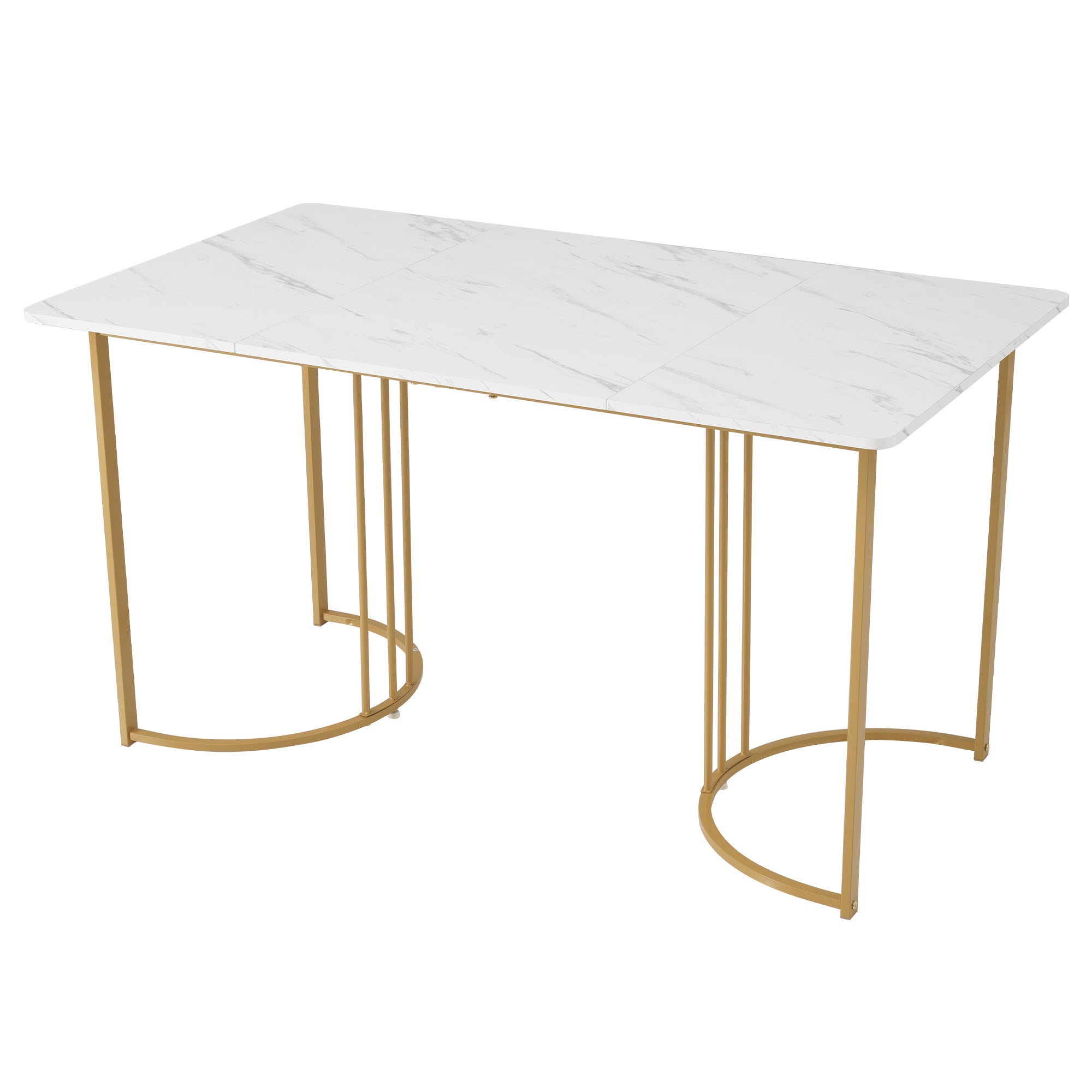 Mesa de comedor 140x80x75 cm, metal, rectangular, mármol moderno, patas ajustables, blanco/dorado - 9