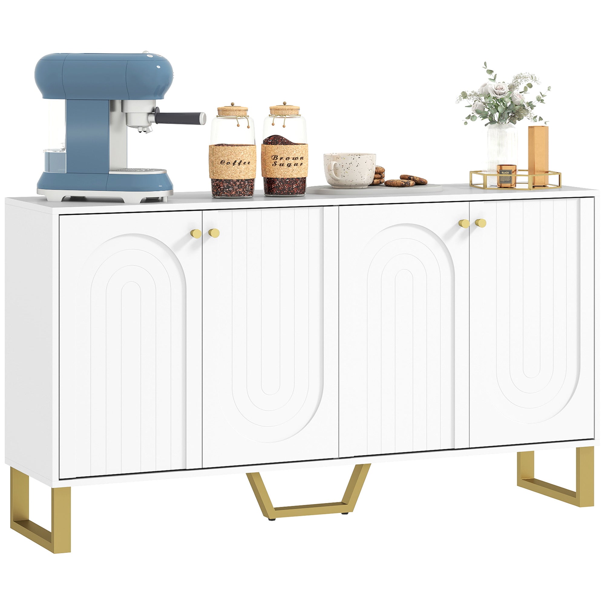 Juego de mesa y sillas infantiles, armario con 4 puertas arqueadas, estantes ajustables y patas doradas, 140,8 x 35 x 77,5 cm, blanco.