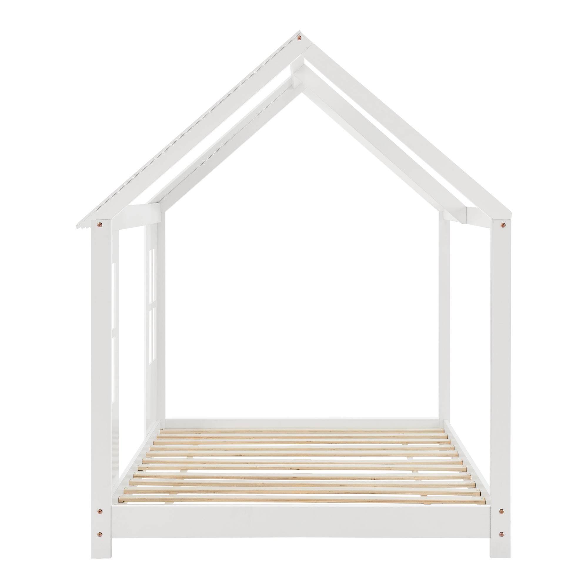 en.casa] Lit d'enfant Design en Forme Maison avec Grille de Protection Construction Solide Capacité de Charge 100 kg Bois de Pin Contreplaqué 200 x 90 cm Blanc Mat Laqué