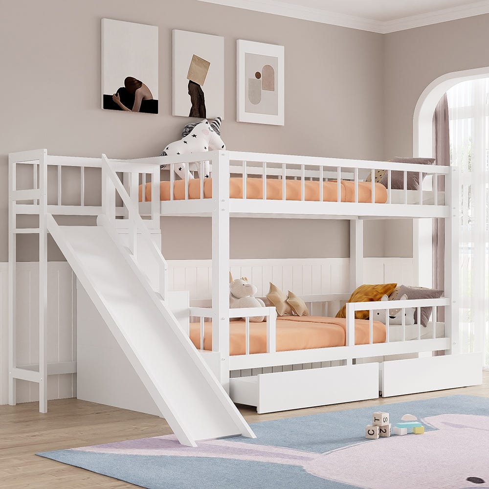 Lit Cabane Enfant 90x200 Pour 2 Enfants - Lit Mezzanine Superposé 2 Places Bois Massif Blanc Avec Sommier