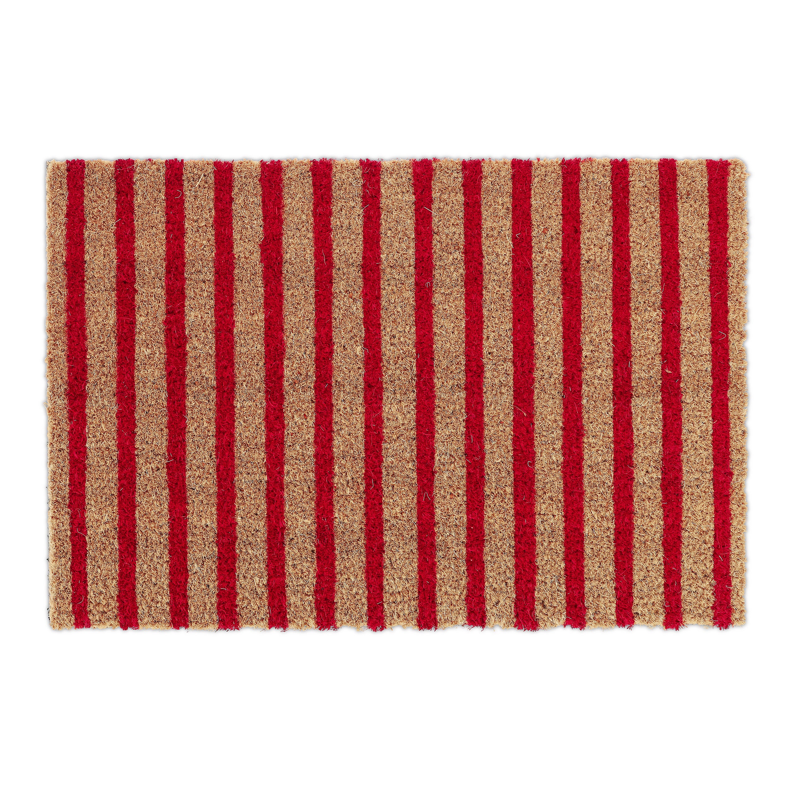 Relaxdays felpudo entrada casa diseño rayas, alfombra coco, 40x60 cm, antideslizante, interior y exterior, natural/rojo