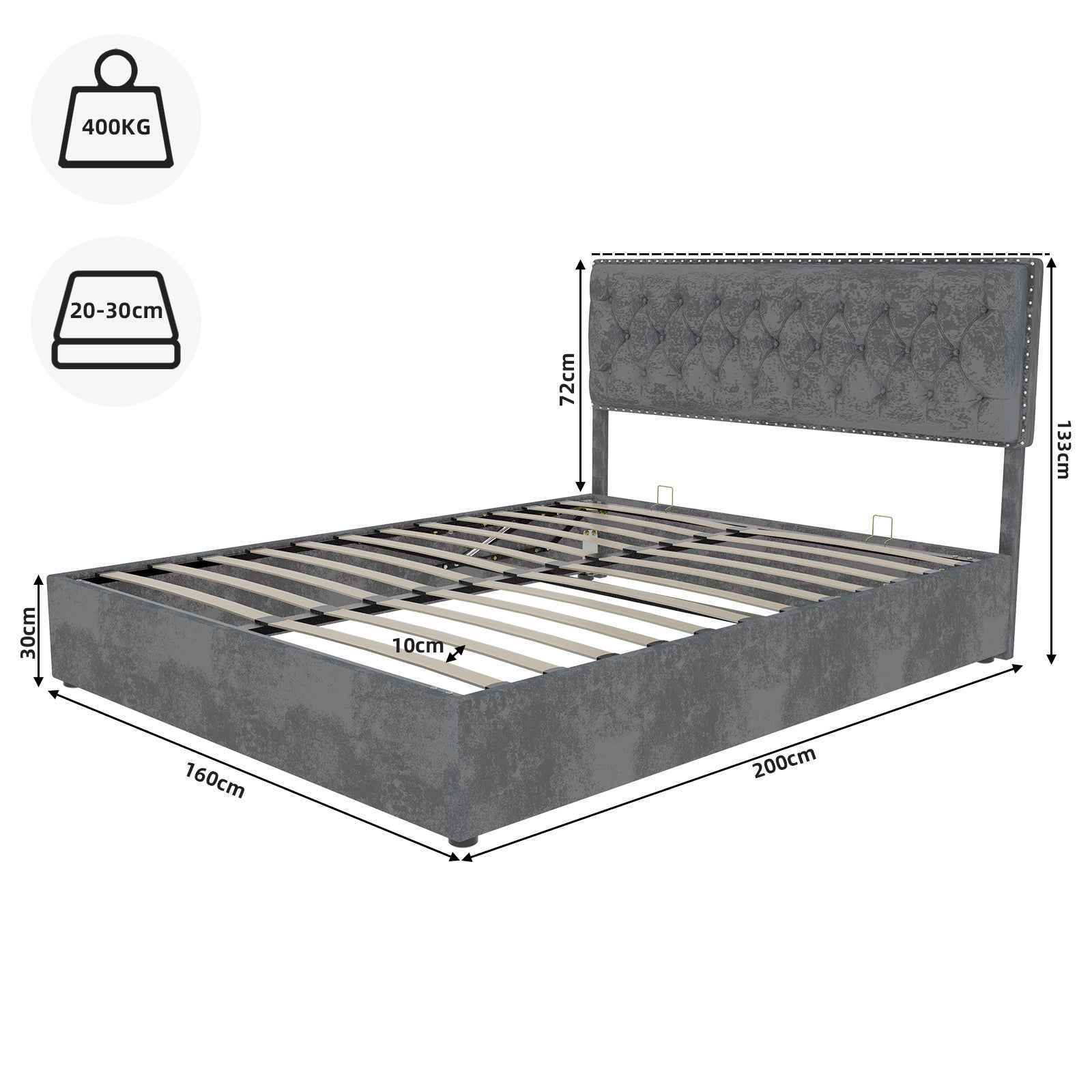 Letto contenitore matrimoniale 160x200 cm, doghe in legno, testiera, velluto grigio, senza materasso - 4