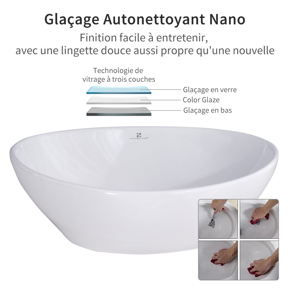 Vasque à Poser Salle de Bain Ovale 41x34 cm en Céramique Blanche, Évier Lavabo Salle de Bain avec Bonde et Siphon - 5
