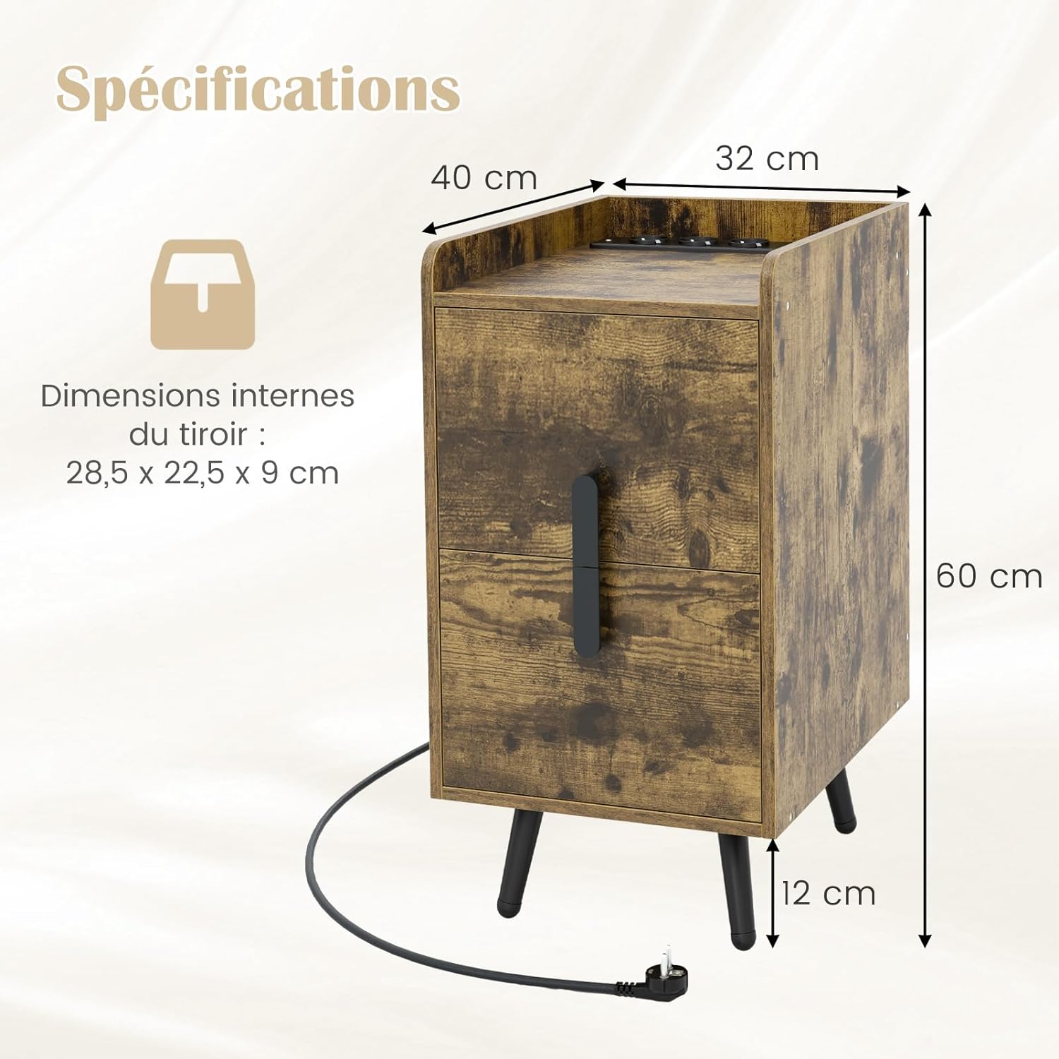 Table de Chevet avec Prise,2 Tiroirs Coulissants, 1 Passe-câble, 2 Ports USB & 3 Prises, Bords Surélevés, 40 x 32 x 60 cm(Marron Rustique) - 4