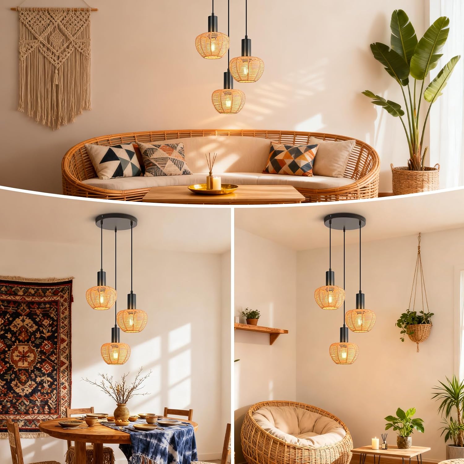 Lampa wisząca Nettlife Boho Rattan z 3 żarówkami – żyrandol z plecionej liny konopnej w stylu vintage, E27 (żarówki nie są dołączone) - 6