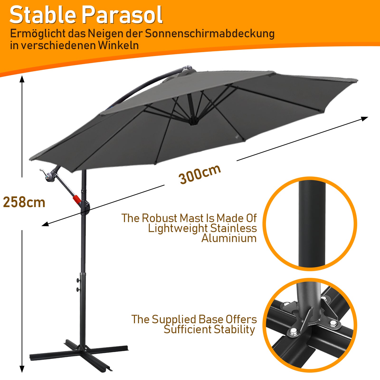 Parapluie 3m Parasol alu pivotant Parasol jardin terrasse balcon gris - 3