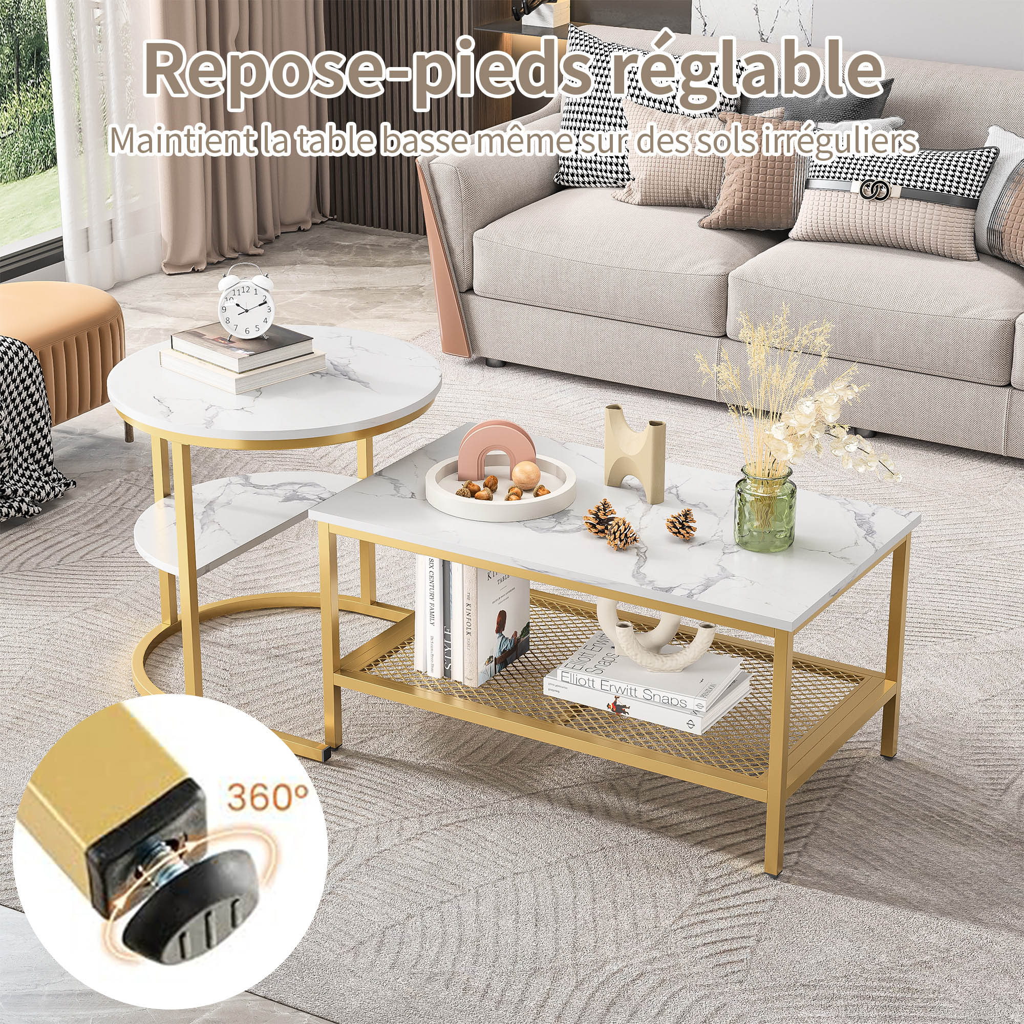 Tables Basses, Lot de 2, COZY, avec Placage de Marbre Blanc, Cadre en Métal Doré, Design Élégant, Polyvalente pour Salon et Jardin - 4
