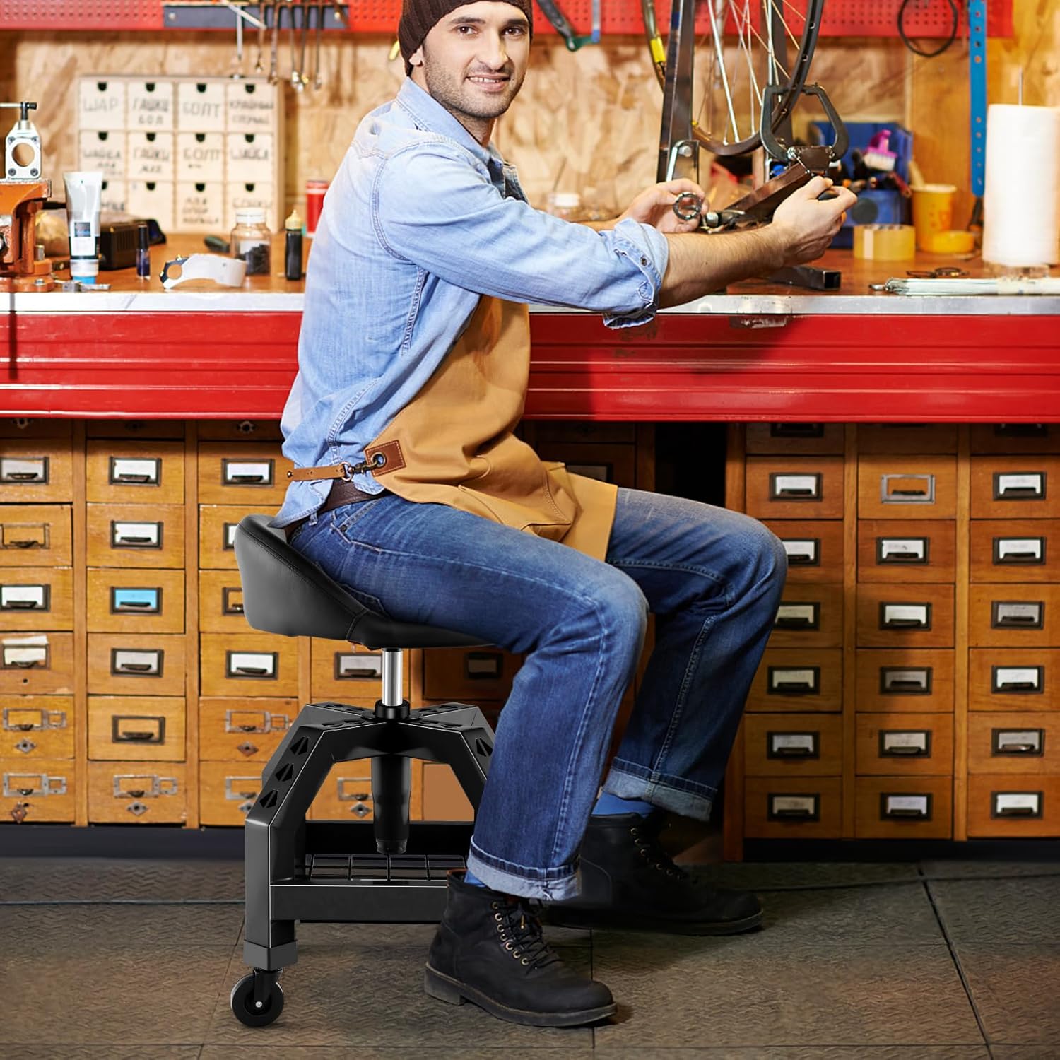 Sgabello da Meccanico con Ruote, Altezza Regolabile, Sedile