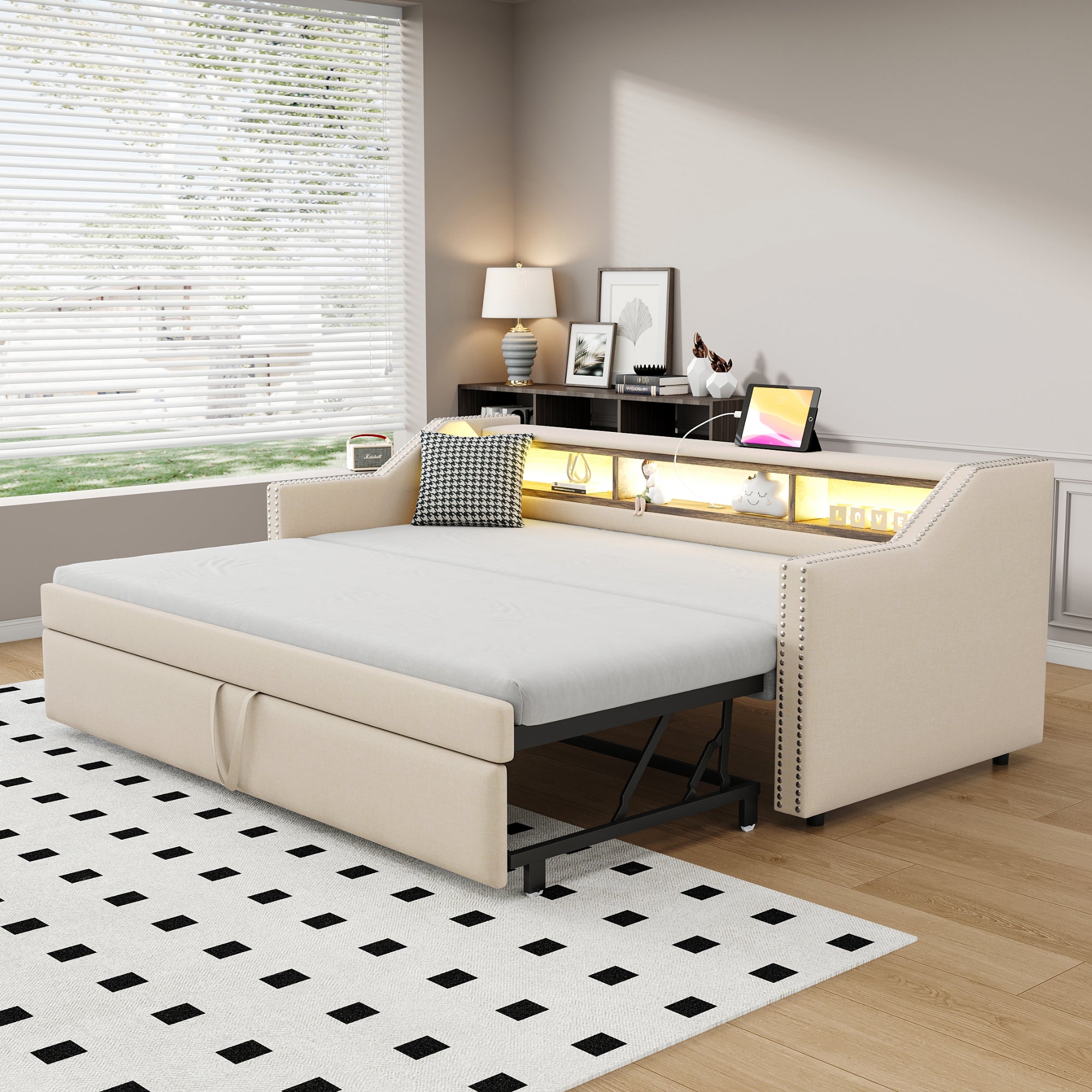Łóżko dziecięce wysuwane 90/180 x 190 cm - Tkanina lniana - Diody LED i port USB - kolor beżowy