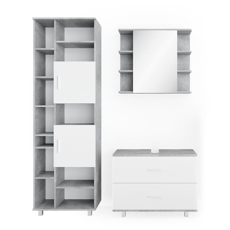 Vicco Zestaw mebli łazienkowych Ilias, Beton/Biały, 3 części, z modułem wysokim
