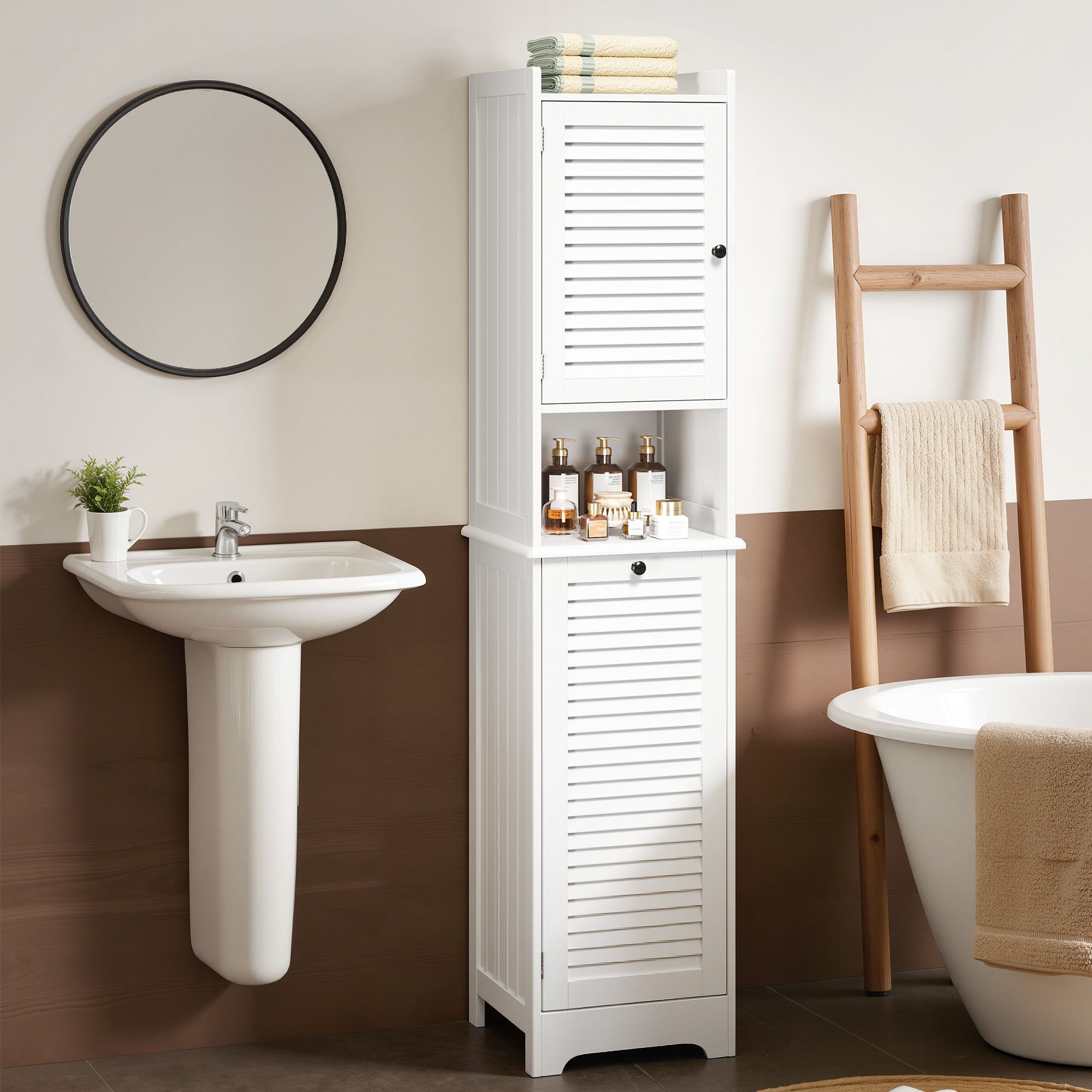 Armadio a colonna per bagno per stoccaggio a piedi con 1 porta, 1 compartimento, ripiano e 1 cesto per roba sporca Bealife - 2