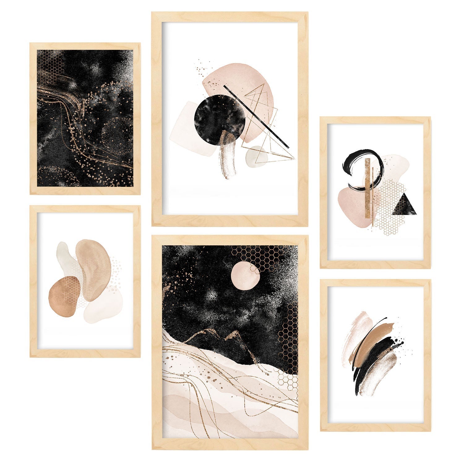 Set de 6 posters sueno abstracto. coleccion de láminas con estetica collage para la tamanos a3 y a4 con marco madera clara