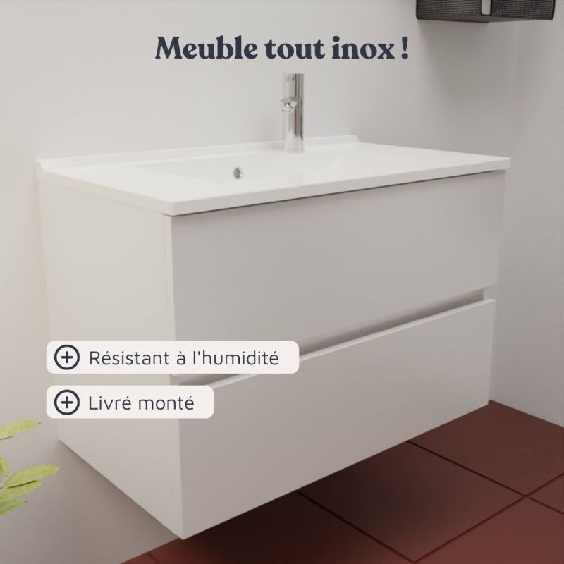 Meuble salle de bain suspendu 80 cm ROSALY INOX- Blanc- Plan vasque en Résine - 5