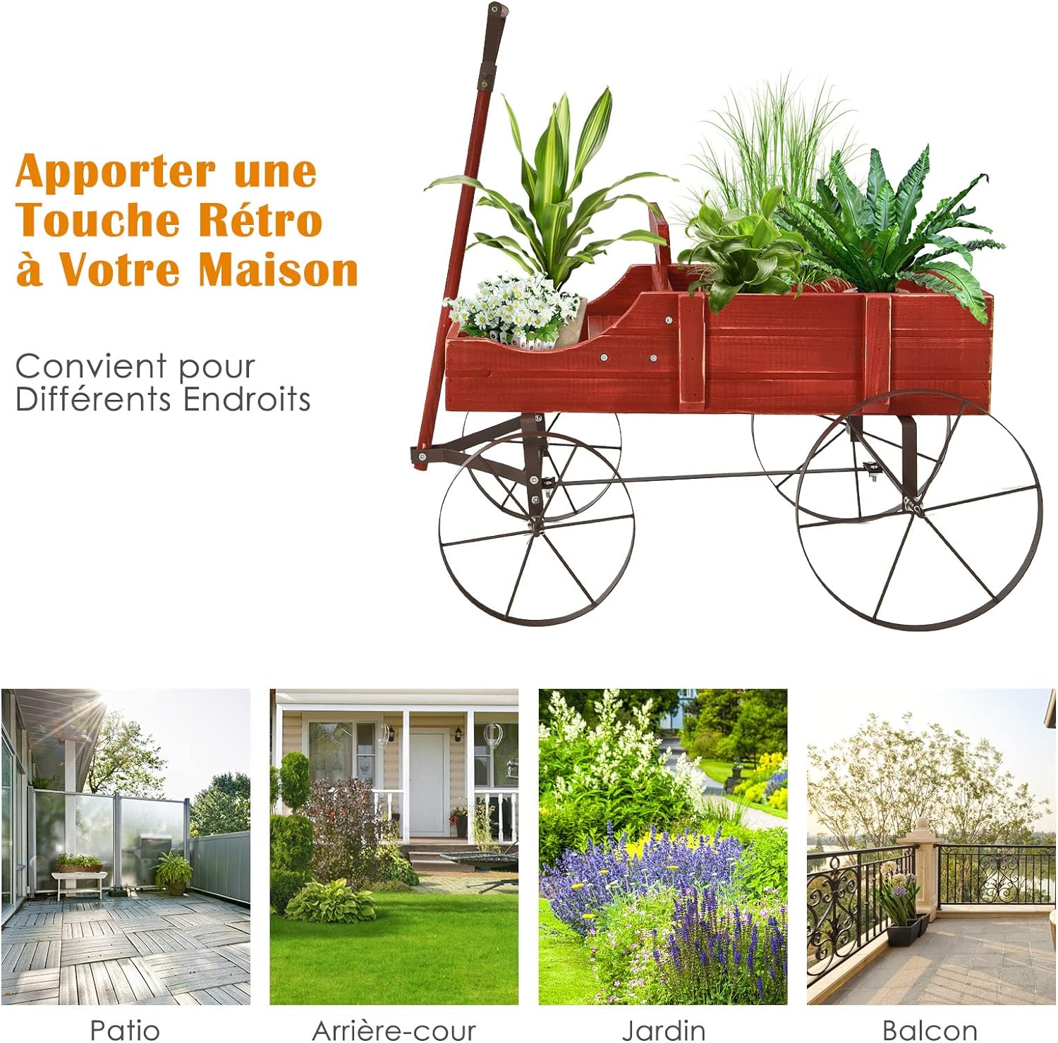 Brouette Décorative en Bois- 35×62,5×60cm- 2 Compartiments à Plantere-Jardinière Forme Brouette Chariot-Jusqu’à 15kg-Rouge - 4