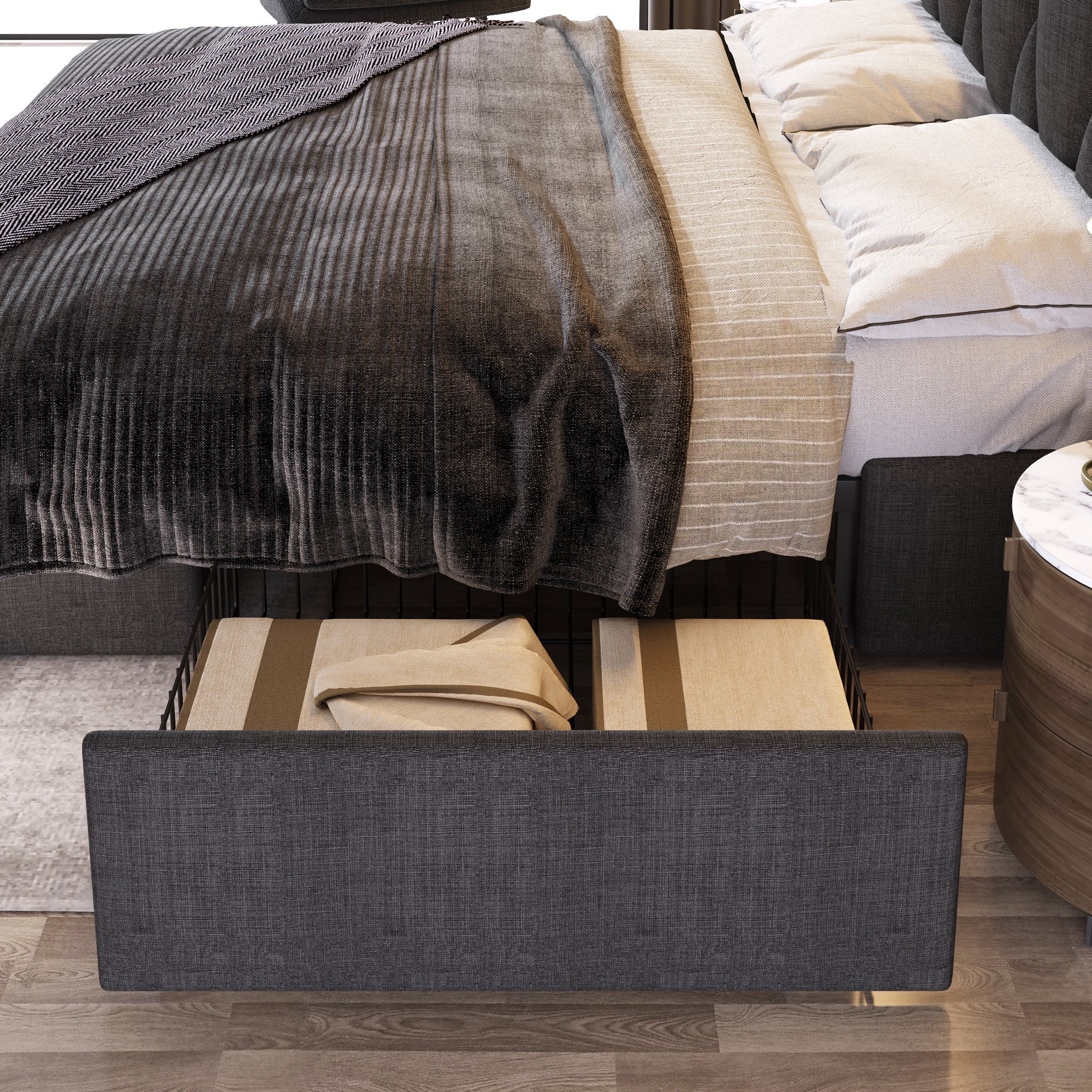 Cama tapizada 160 x 200 cm con cabecero y 4 cajones - USB - tela de lino - gris - 8