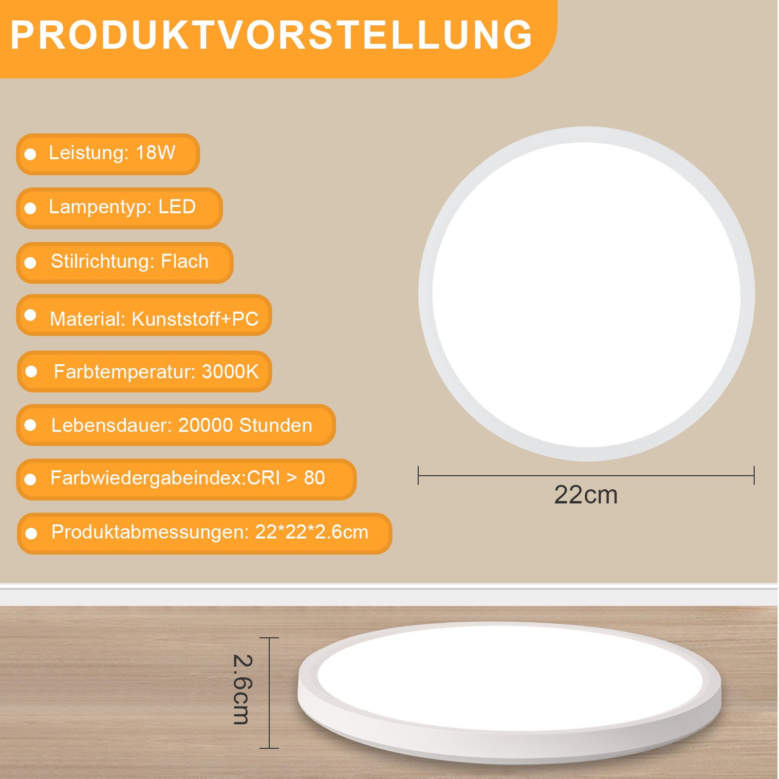 NETTLIFE Lampa sufitowa LED do łazienki, płaska, 24 W, okrągła, biała, do kuchni, nieściemnialna - 2