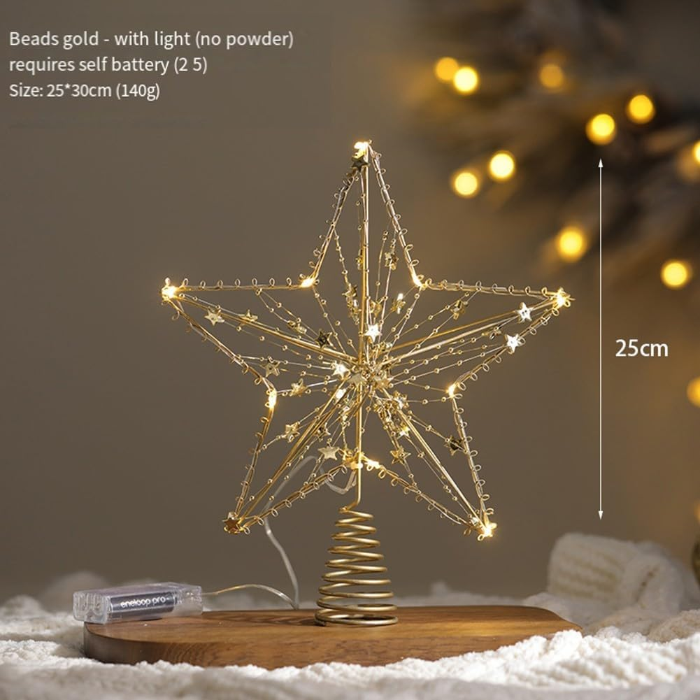 Topo de árvore de Natal em forma de estrela com luzes LED, decorações de Natal douradas, topo de árvore de Natal, enfeite de Natal - 4