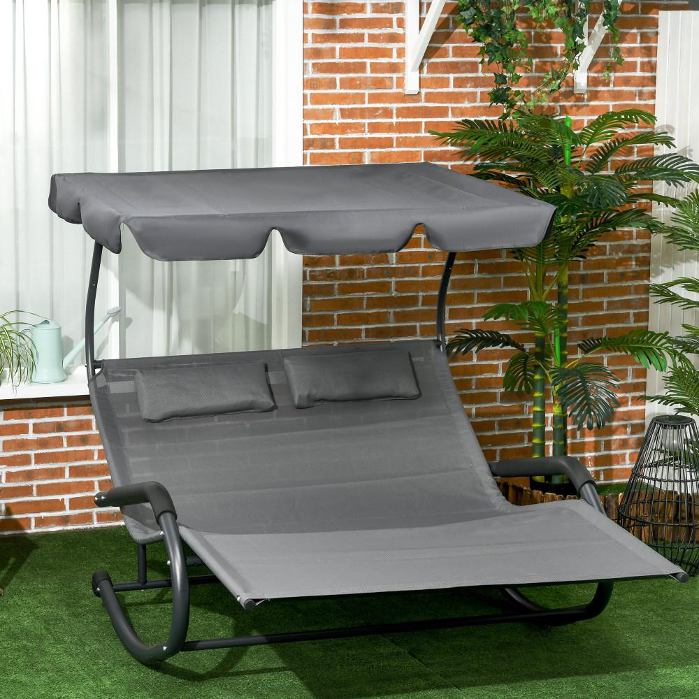 Bain de soleil double en acier gris foncé avec balancelle, pare-soleil, coussin, roulettes, 220 kg, 2 personnes, 200x139x140 cm - 2