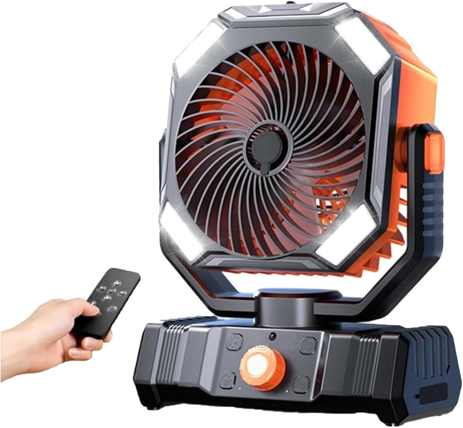 Wentylator kempingowy, wyjątkowo długi czas pracy na baterii, ładowany przez USB, z pilotem, 4 prędkościami i timerem (pomarańczowy)