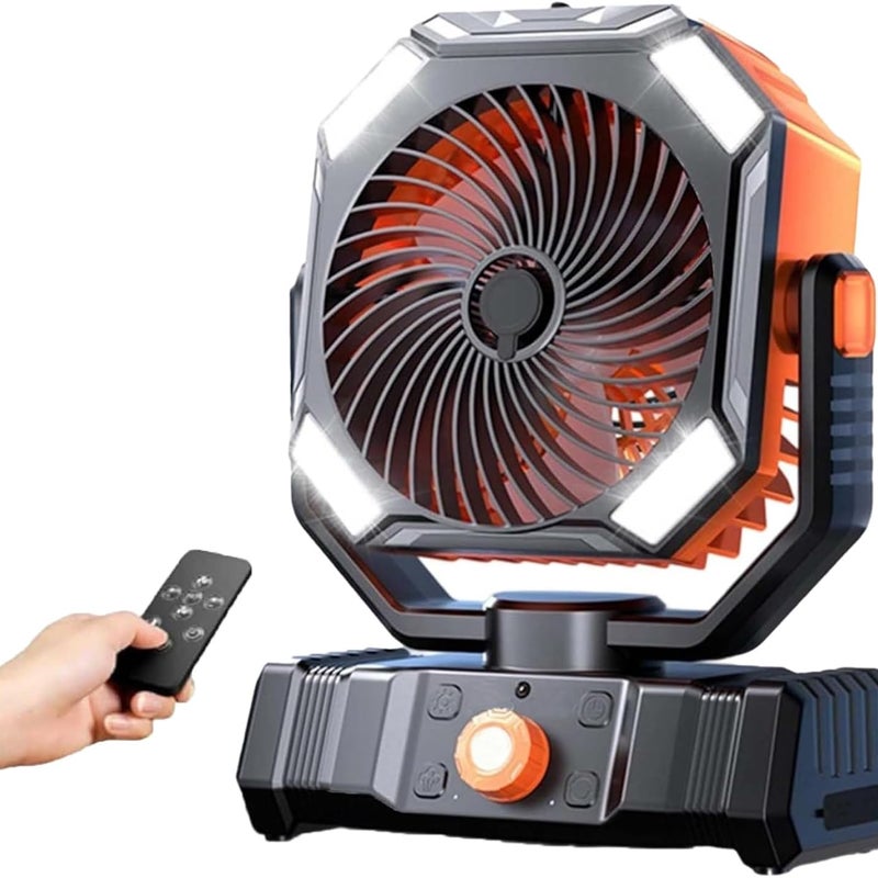 Wentylator kempingowy, wyjątkowo długi czas pracy na baterii, ładowany przez USB, z pilotem, 4 prędkościami i timerem (pomarańczowy)