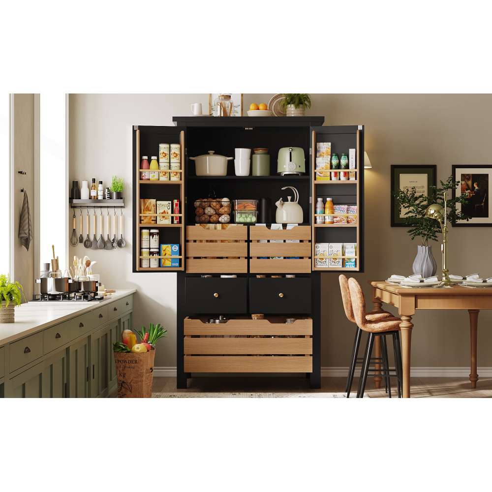 Buffet de cuisine 80x40x140cm avec portes, 5 tiroirs, rangement spacieux, haute qualité et design moderne noir - 3