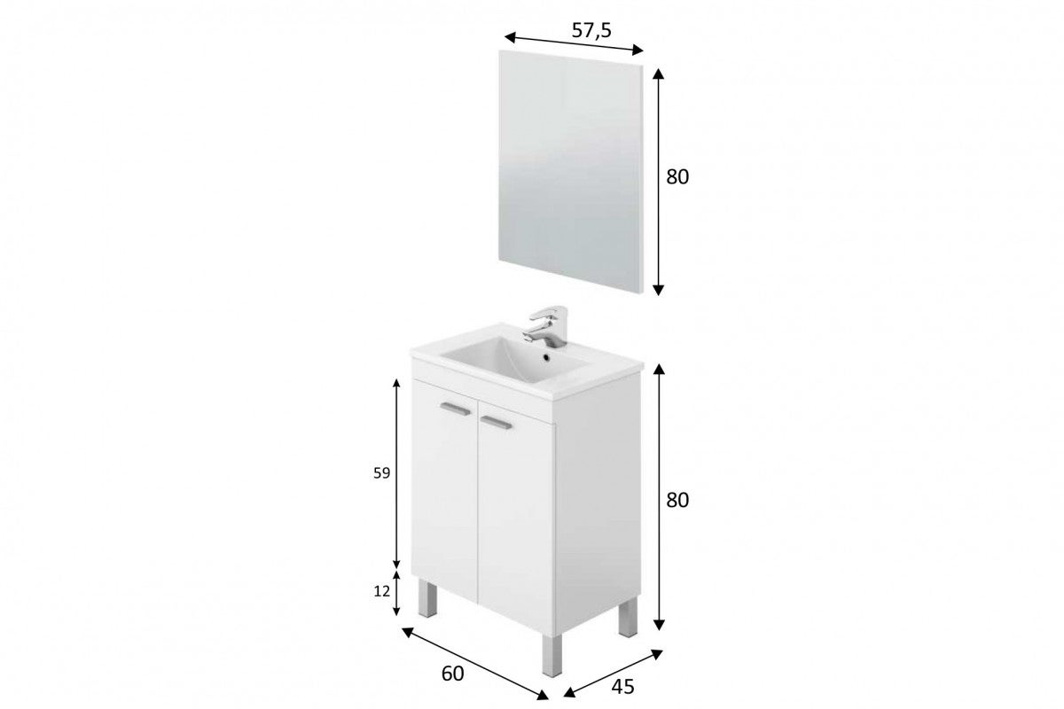 Meuble salle de bain Sous-vasque 60 cm avec 2 portes + Miroir coloris blanc brillant - H80 x Longueur 60 x Profondeur 45 cm - 2