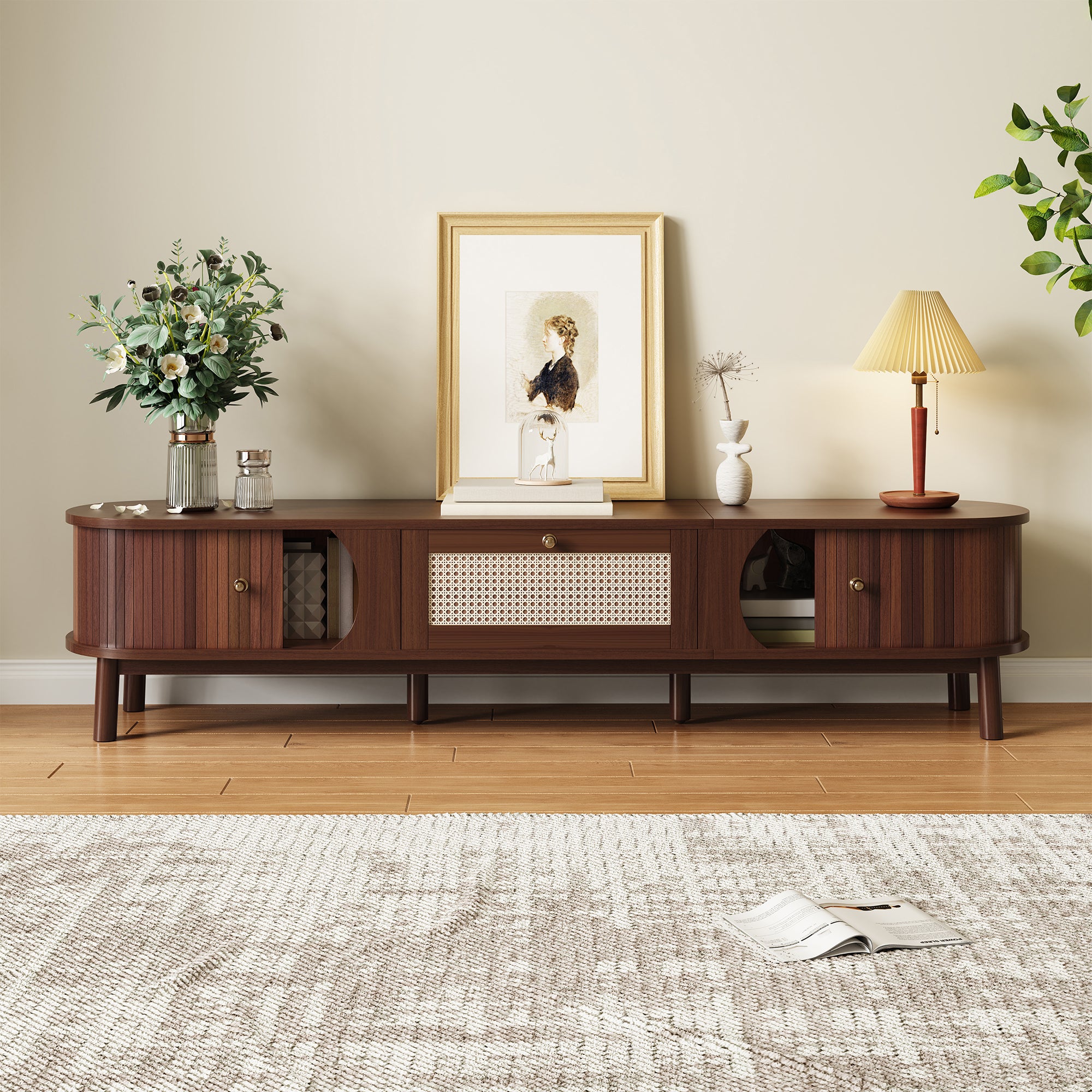 Meuble TV avec 2 portes coulissantes en rotin et un tiroir - 170 x 39.5 x 38 cm - Panneau de particules - Naturel - 7