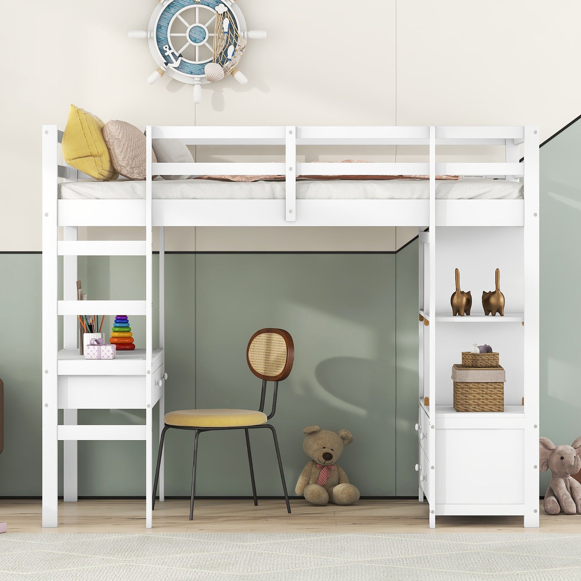 Letto soppalco per bambini 90 x 200 cm con scrivania, ripiani e scala portaoggetti - legno massello - colori naturale e bianco | Leroy Merlin