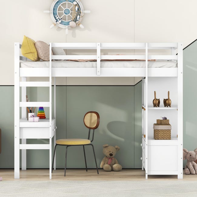 Letto soppalco per bambini 90 x 200 cm con scrivania, ripiani e scala portaoggetti - legno massello - colori naturale e bianco | Leroy Merlin Letto soppalco per bambini 90 x 200 cm con scrivania, ripiani e scala portaoggetti - legno massello - colori naturale e bianco | Leroy Merlin