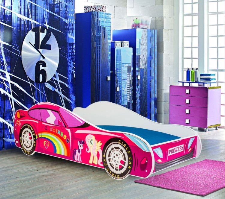 Łóżko dziecięce w kształcie różowego samochodu 160x80 cm – Zabawny design, solidna i kompaktowa konstrukcja, idealne do pokoju dziecięcego