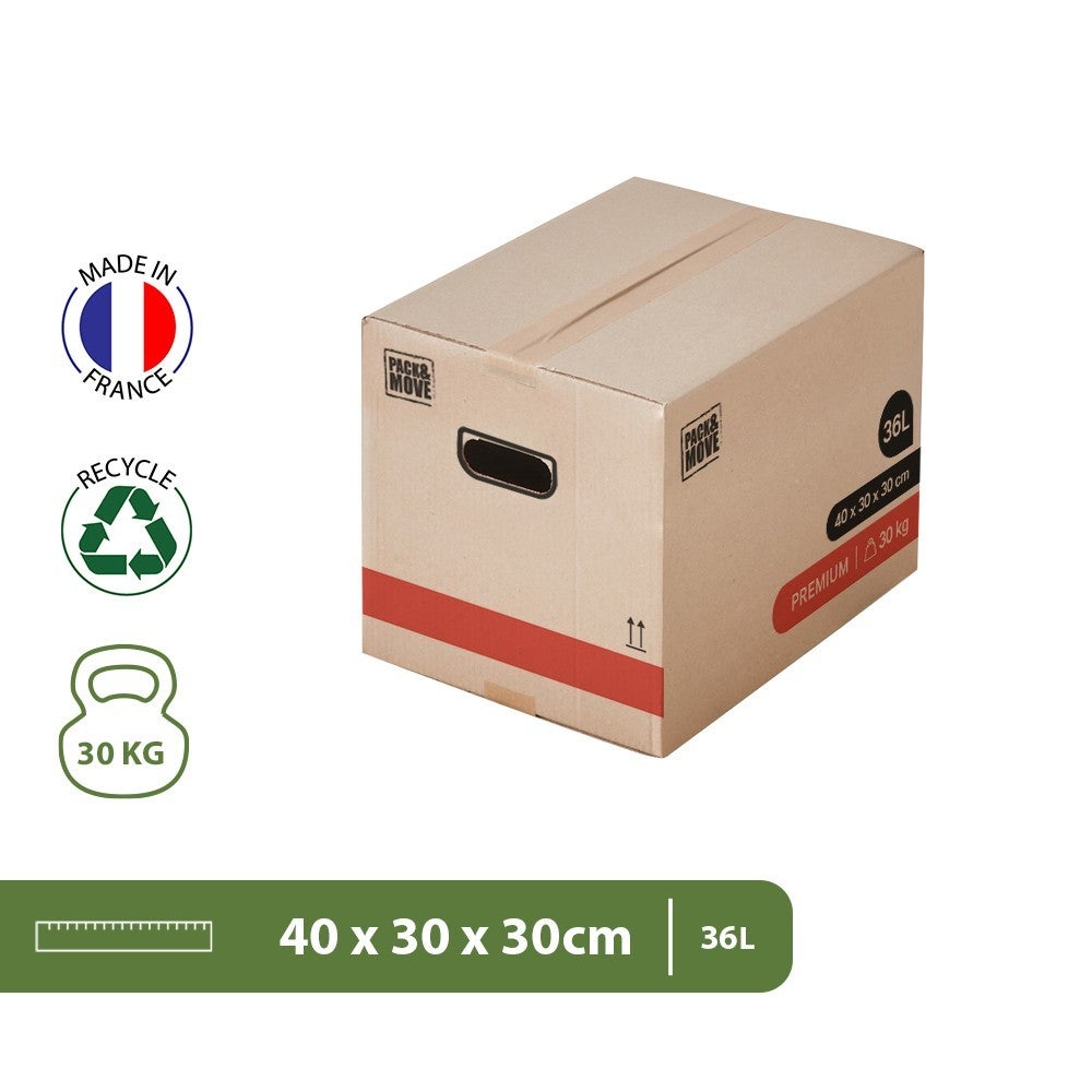 Pack and Move - Lot 20 Cartons Déménagement Livres Premium - 40 X 30 X 30 Cm - Extrême Résistance 20 KG - Poignées Renforcées - 1 Adhésif Offert - 2