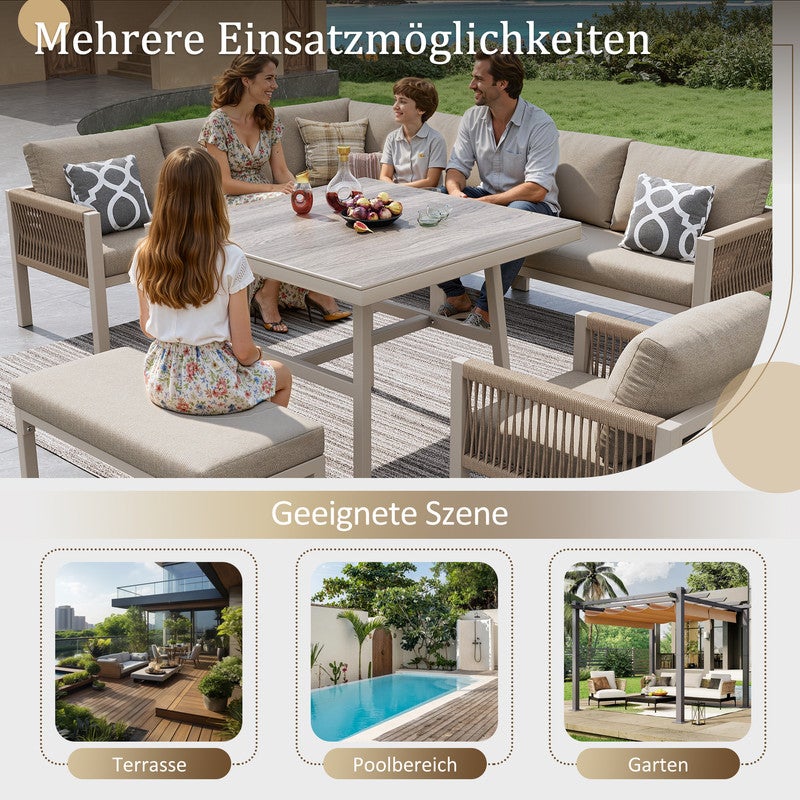 Canapé de Jardin en L Tressé Main pour 8 Personnes avec coussins Épais, ensemble salon d'extérieur avec table en Verre - housses détachables - beige - 5