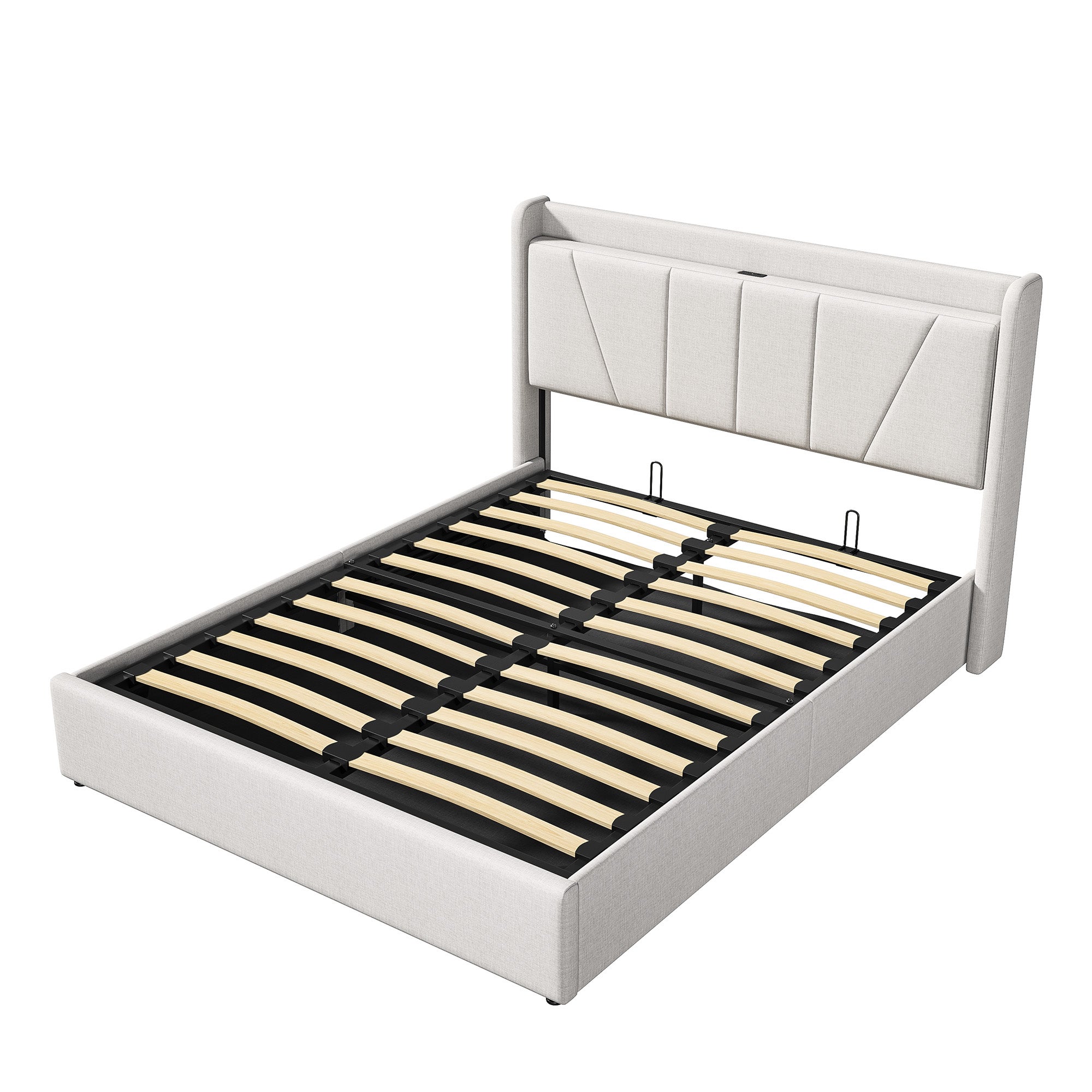 Lit Coffre 160x200 avec USB et Type C, Lit capitonné avec Sommier à Lattes, Lit Double, Beige - 6