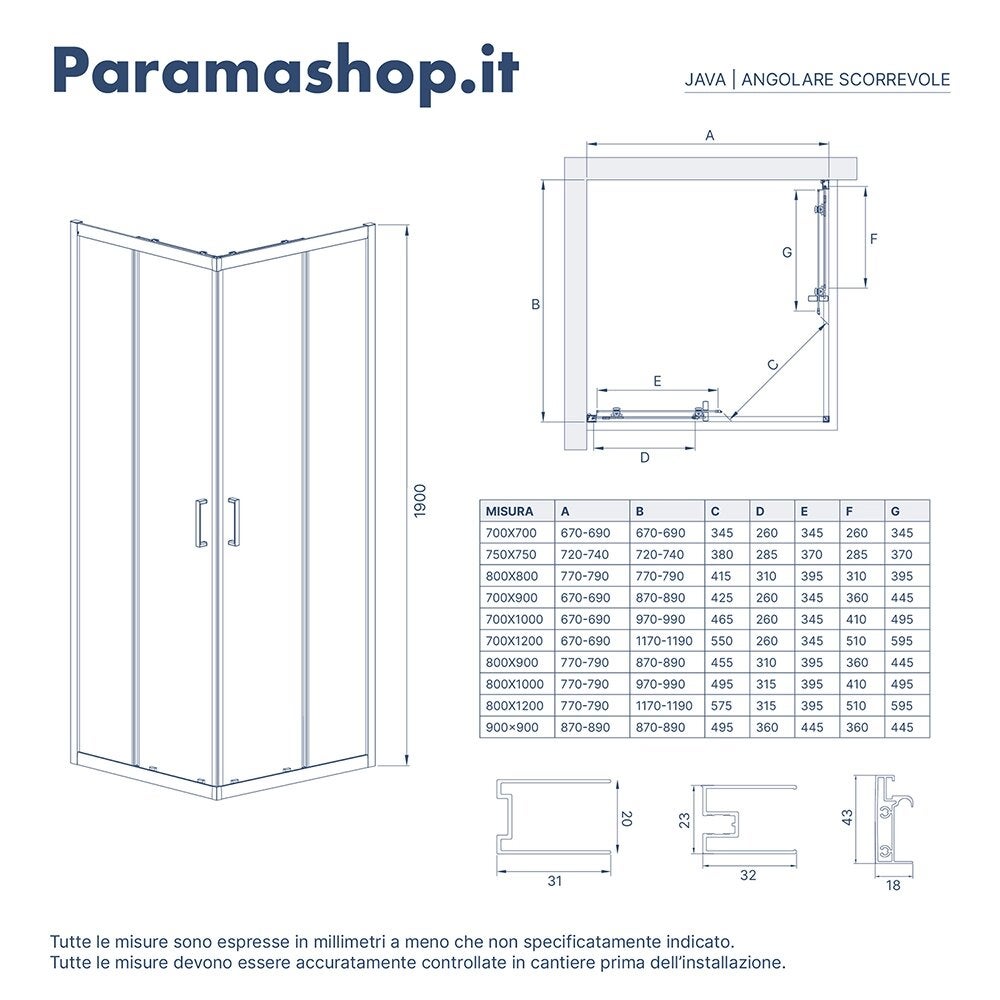 Box doccia 80x90 cm angolare doppio scorrevole profili neri vetro trasparente h190 | Java - 9