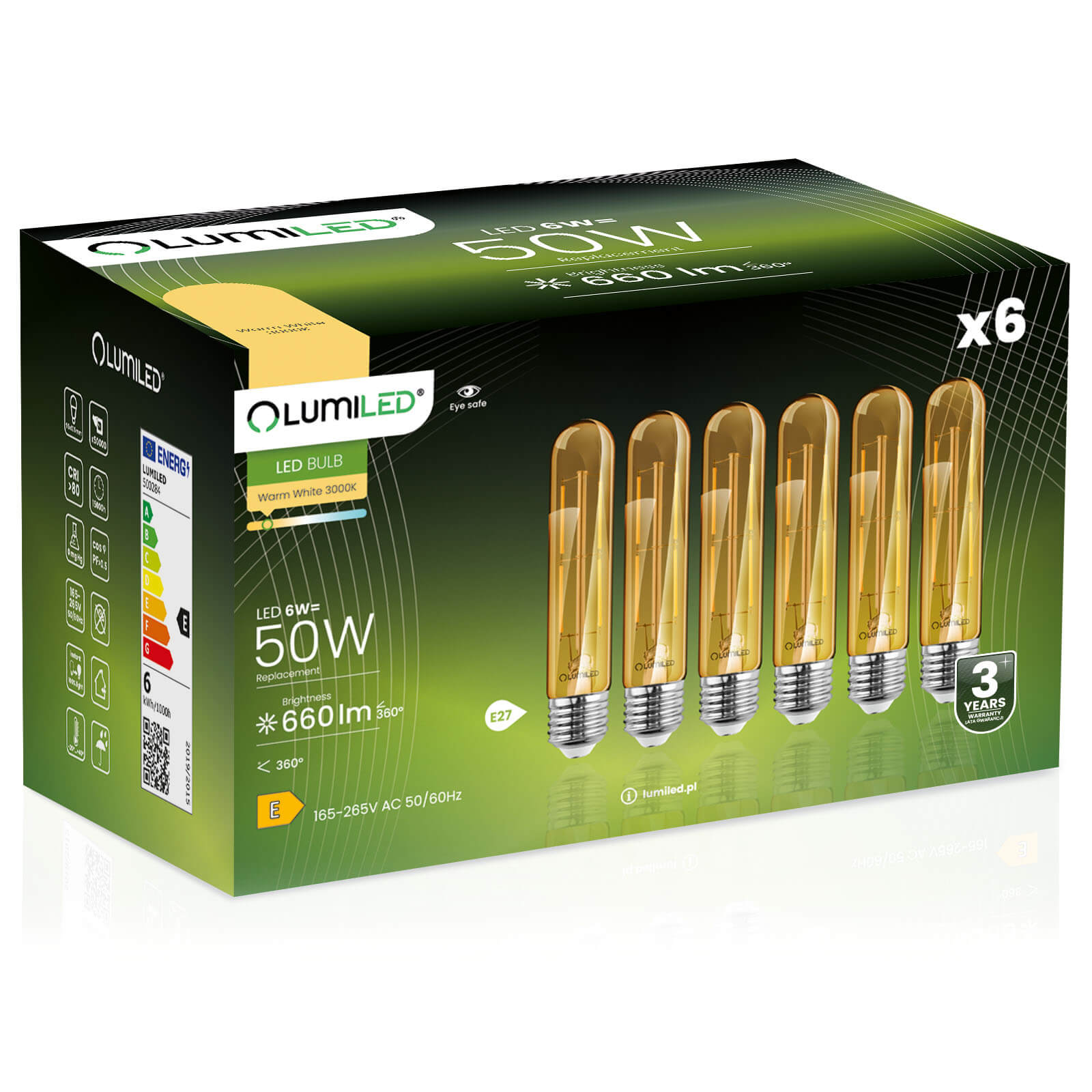 6x Żarówka Lumiled LED E27 Tubularna T30 6W = 50W 660lm 2000K Ciepła 360st Bursztynowa Filament