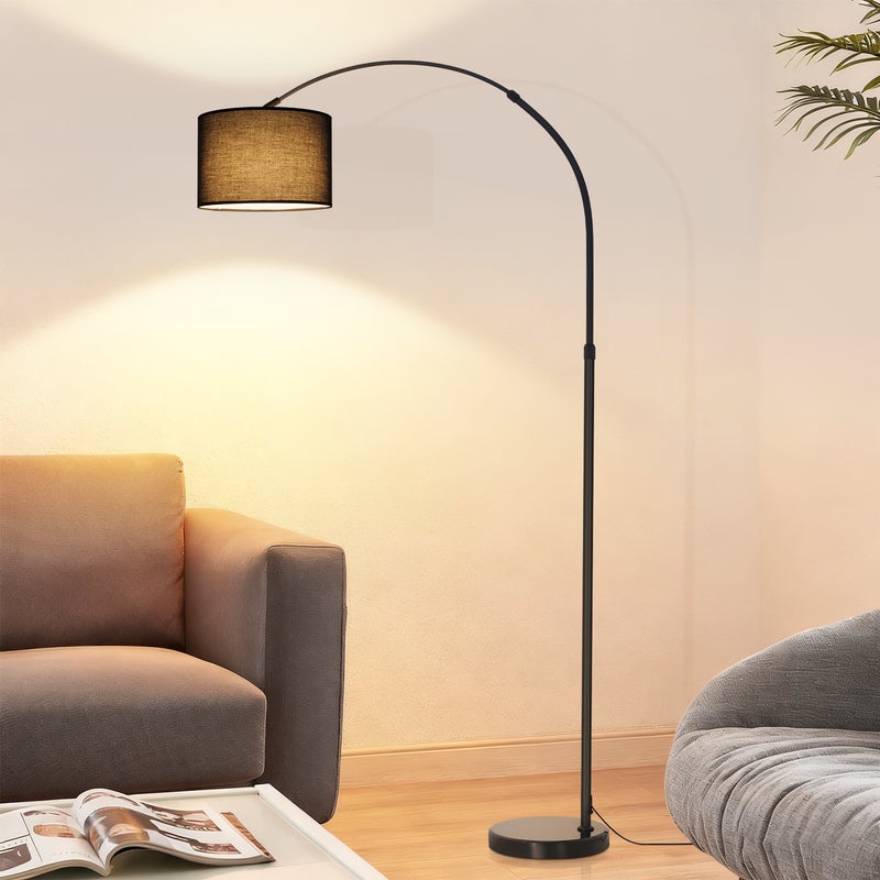 Lampa podłogowa Nettlife w kolorze matowej czerni z regulowanym kloszem z tkaniny (350°/90°), regulowana wysokość, podstawa 5 kg, żarówka E27