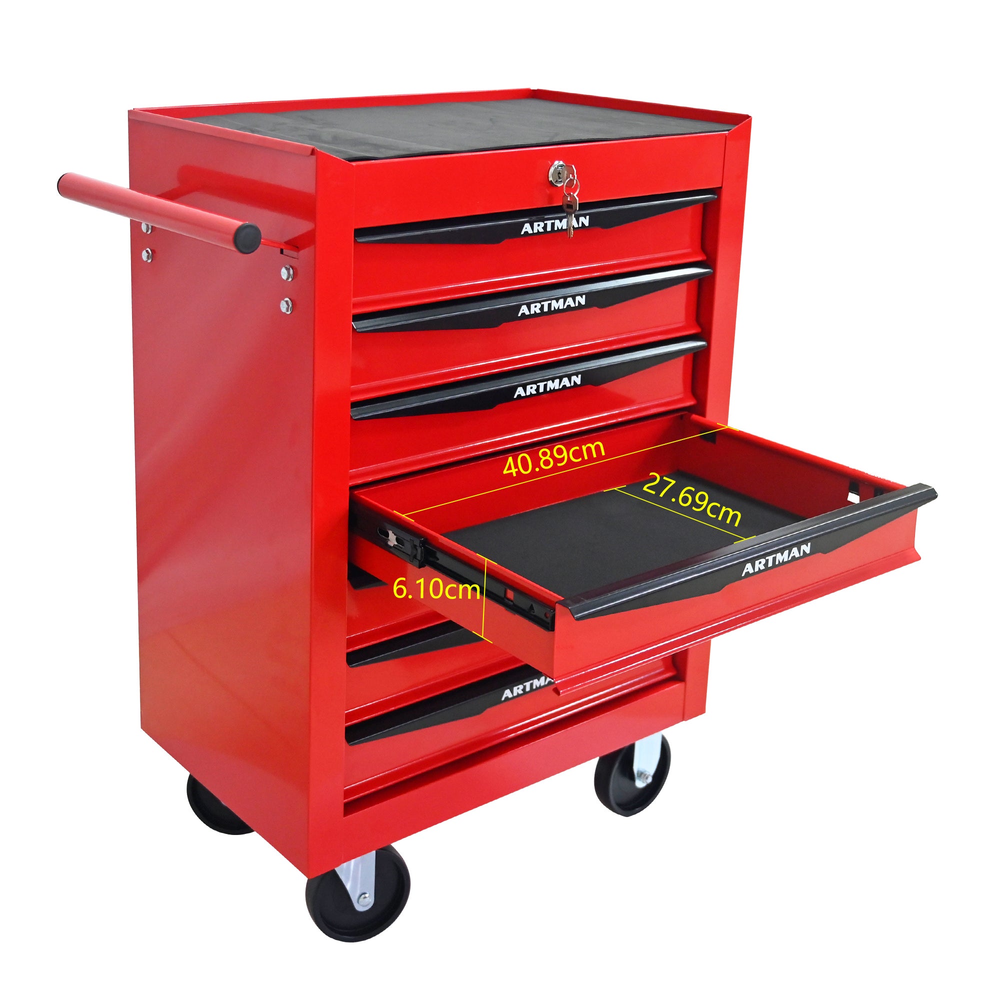 Coffre à outils roulant en métal à 7 tiroirs, armoire à outils pliable en 7 parties avec glissières à billes, organisateur d'outils en acier - 6
