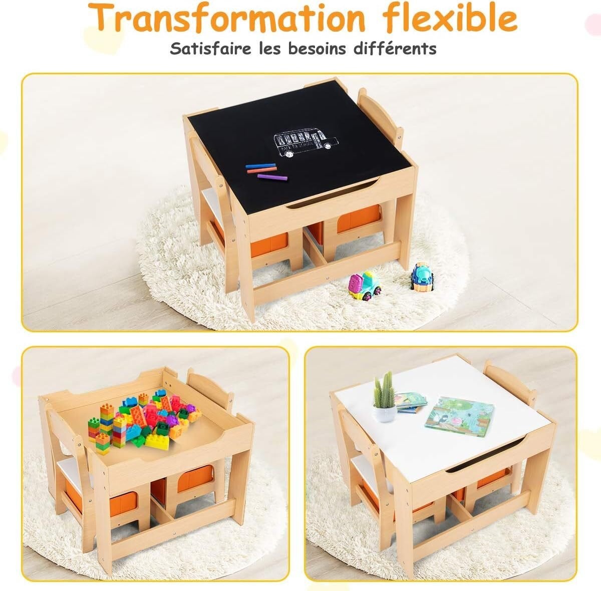 Ensemble Table et Chaises Enfant, Table Transformable 3-en-1 Multifonctionnel à Double Face, 2 Chaise avec Tiroir de Rangement, Naturel - 5