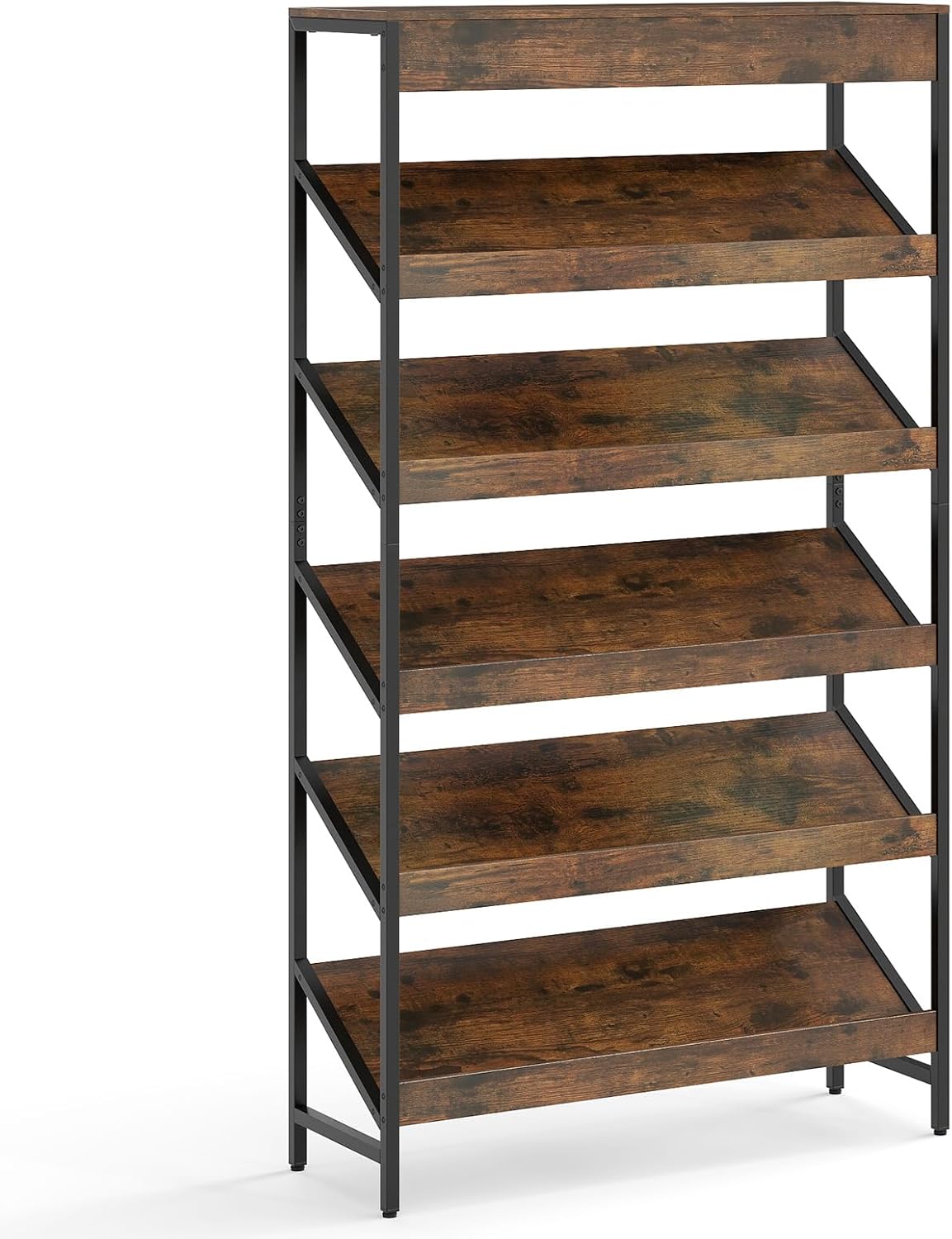 6-Poziomowa Biblioteczka, Regał na Książki z Pochylonymi Półkami i Solidną Metalową Ramą, 90 x 30 x 161 cm, Zestawy Przeciwwagi (Brązowe)