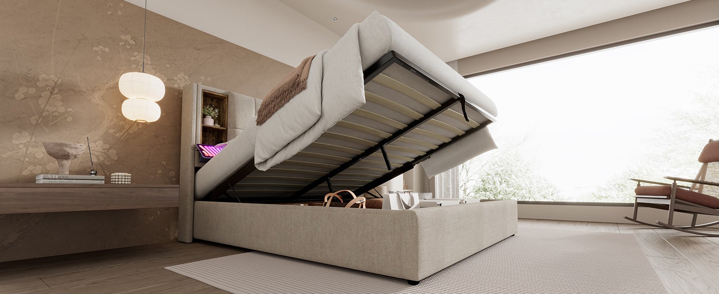 Lit coffre lit double 160x200 cm avec chargement USB - lin, coloris naturel (sans matelas) - 5