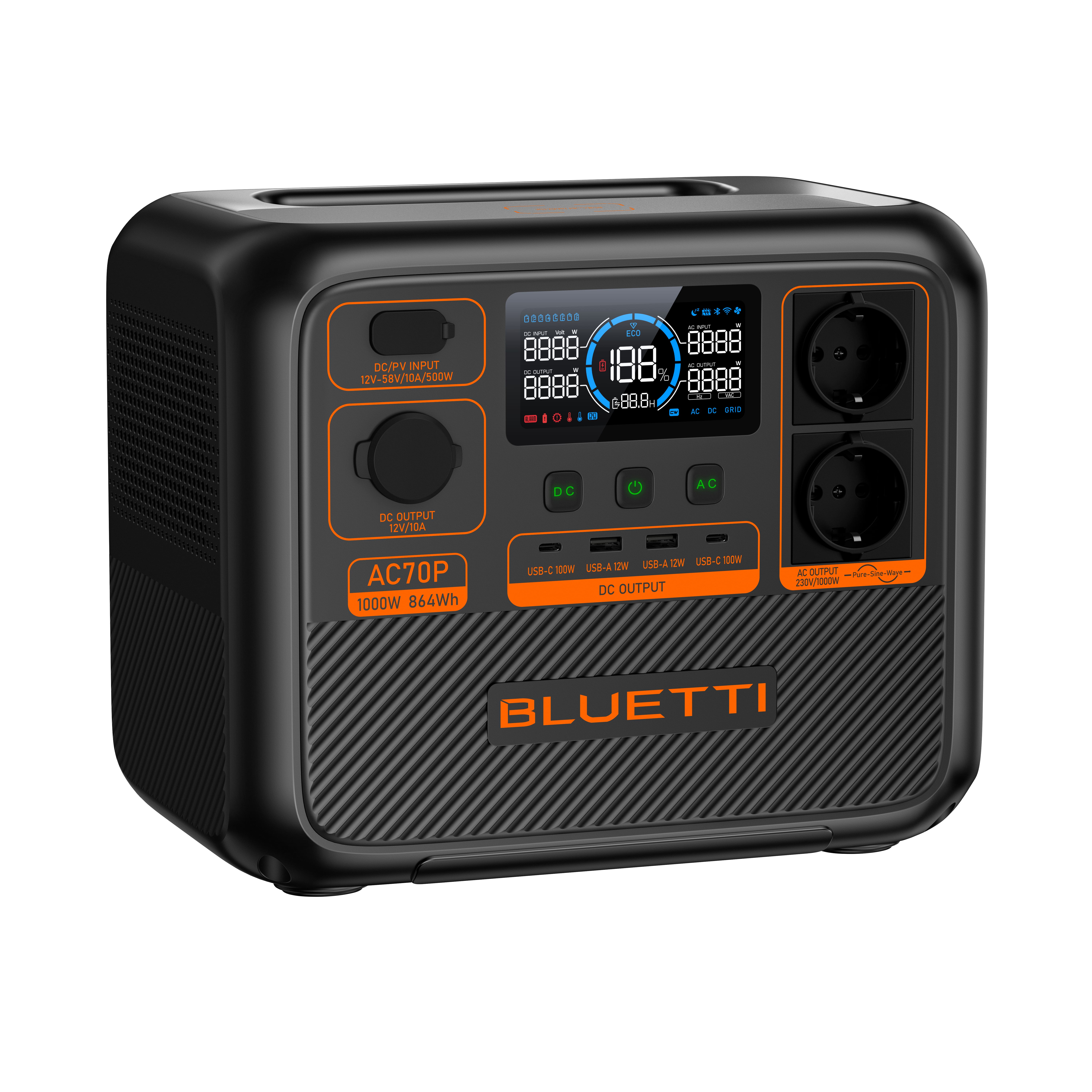 Kit BLUETTI AC70P avec Panneau Solaire 60W - 864Wh LiFePO4, Générateur solaire 2x1000W - 5