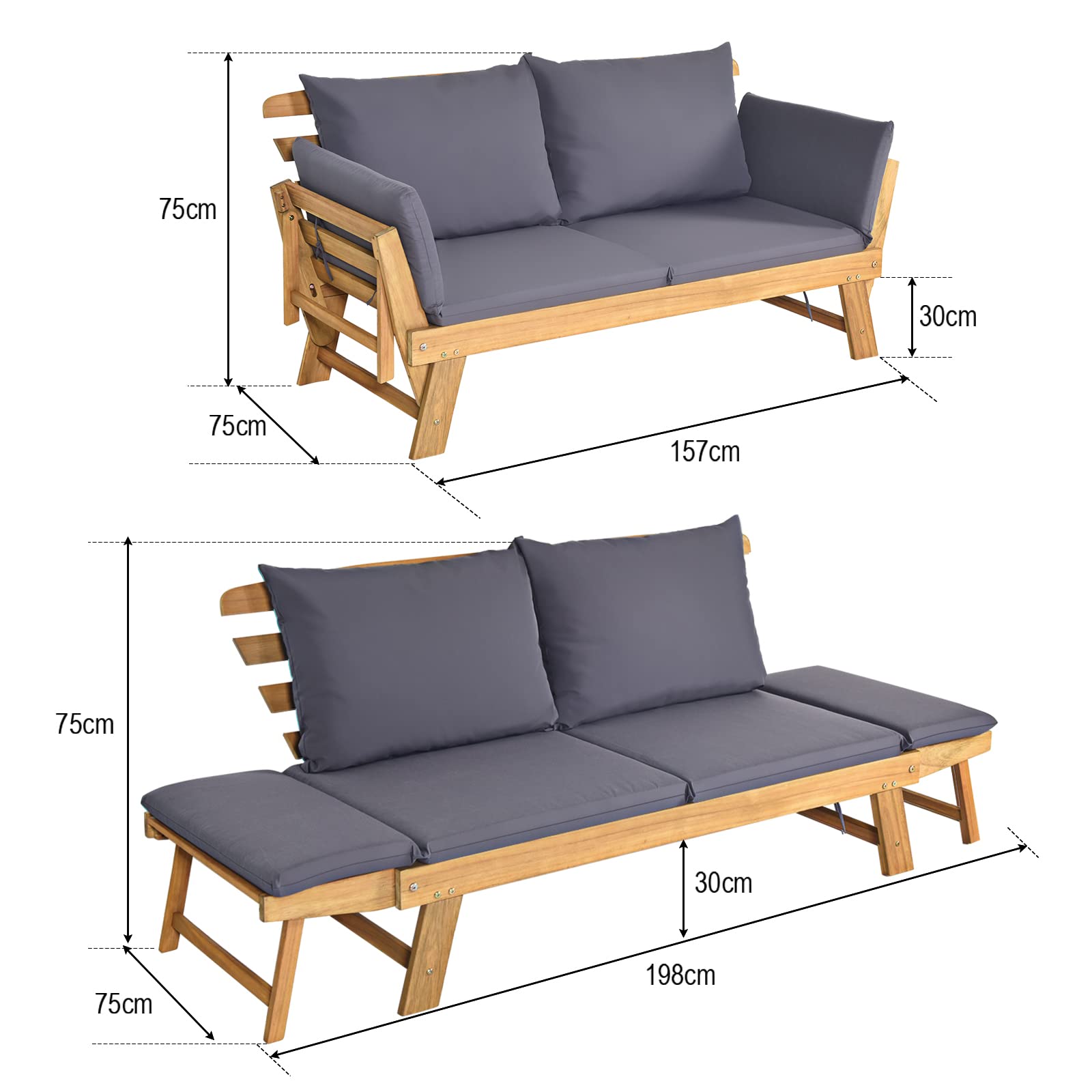 Canapé de Jardin Convertible 2 Places en Bois d’Acacia Certifié FSC avec Coussin Amovible, Accoudoir Extensible, Charge 320KG,Gris - 2