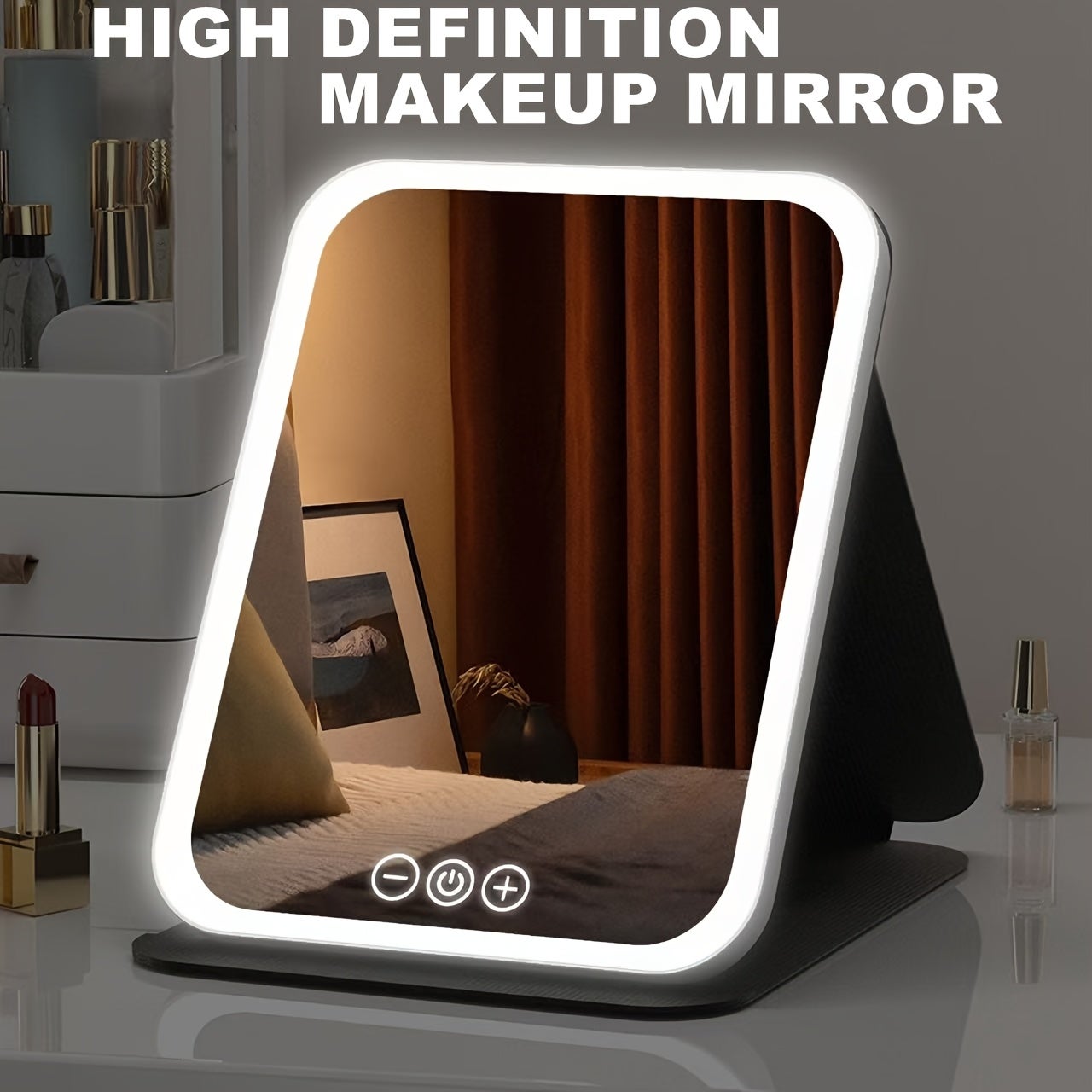 Specchio Da Viaggio LED Pieghevole – Portatile Con Luce Ricaricabile, 3 Colori Dimmerabili, Nero
