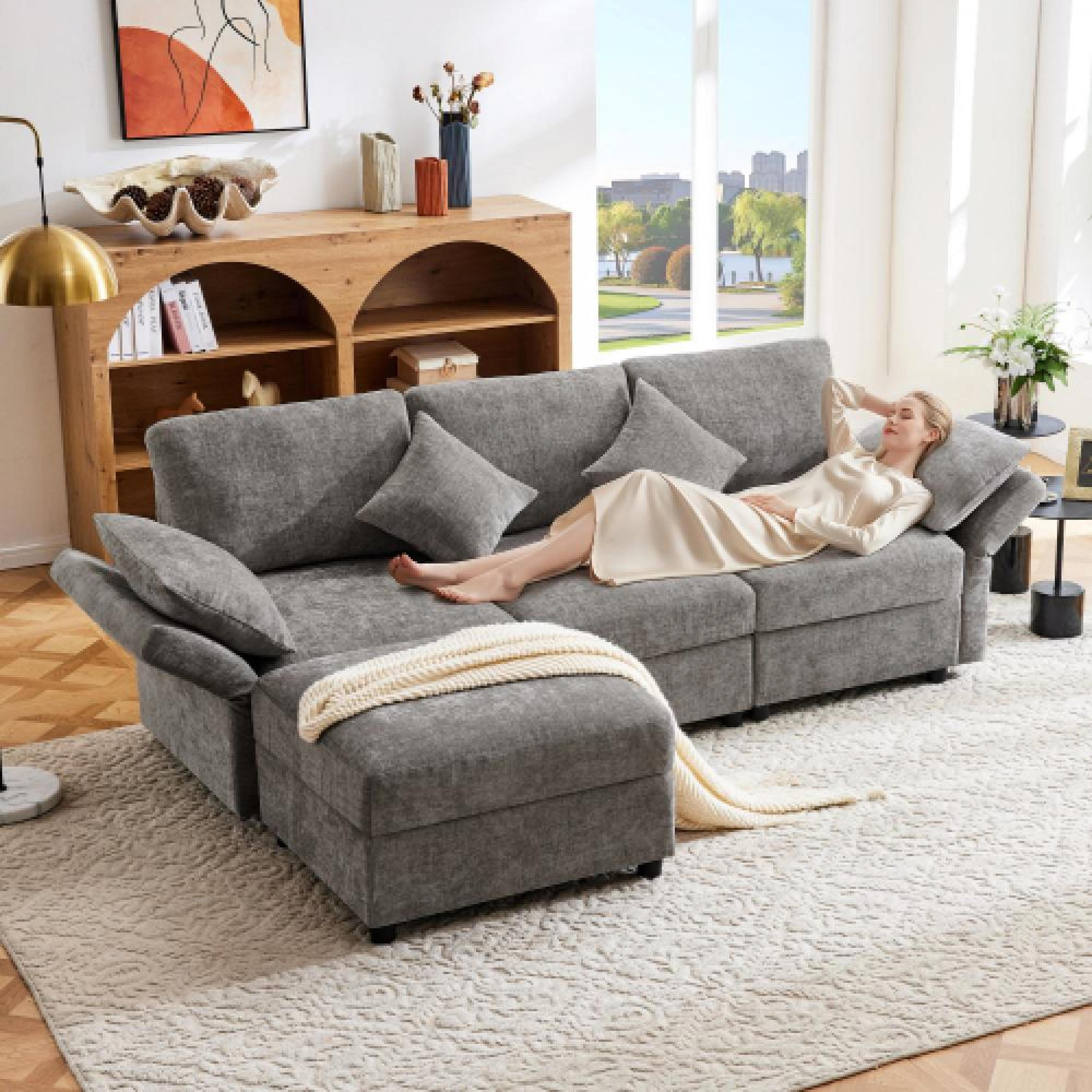 Narożnik w kształcie litery L z pufem, rozkładana sofa 3-osobowa, miękka tkanina szenilowa, 4 poduszki, regulowane podłokietniki