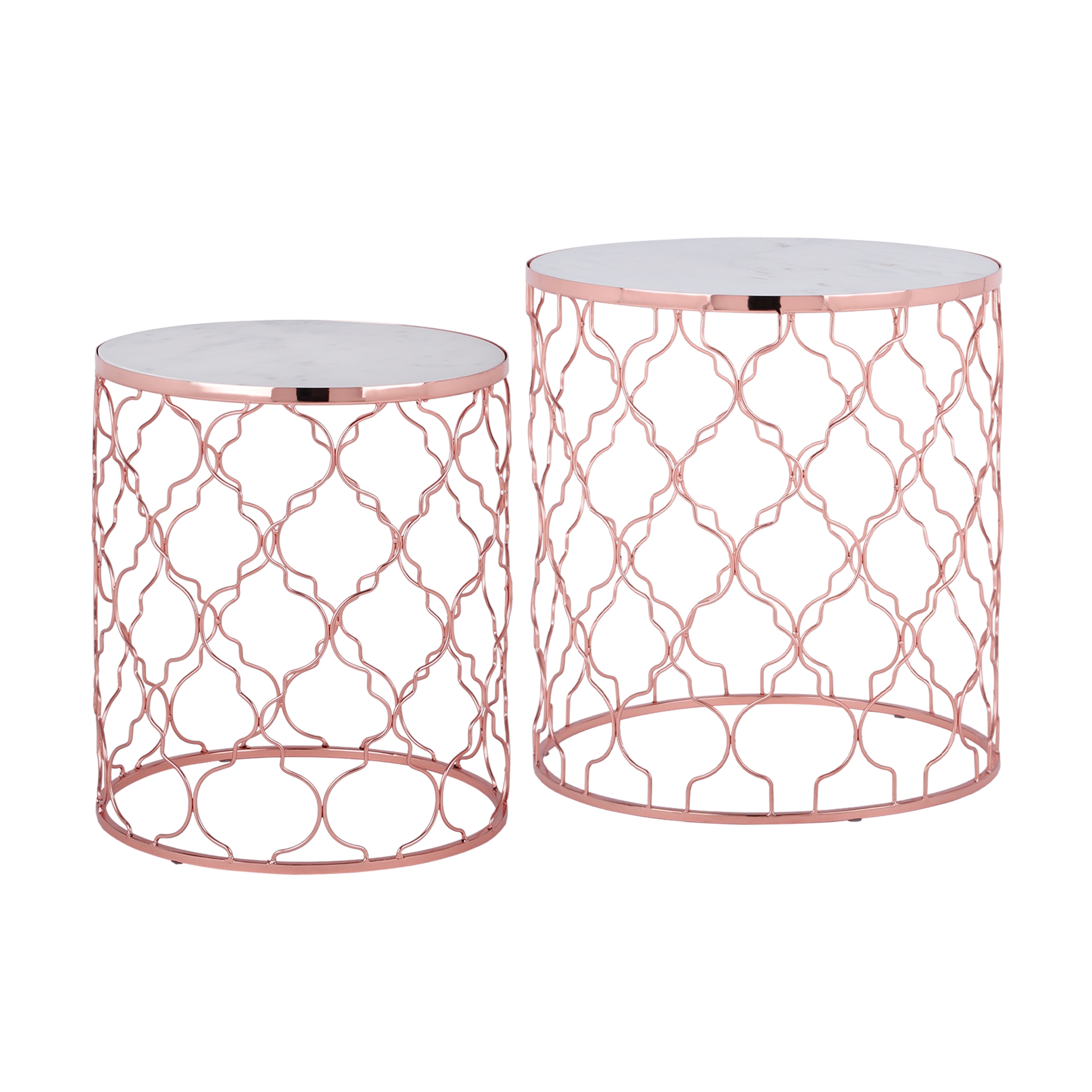 WOMO-DESIGN zestaw 2 stolików pomocniczych phoenix biały marmur banswara i miedziana rama ø40/ø45 cm ręcznie wykonane stoliki kawowe do salonu